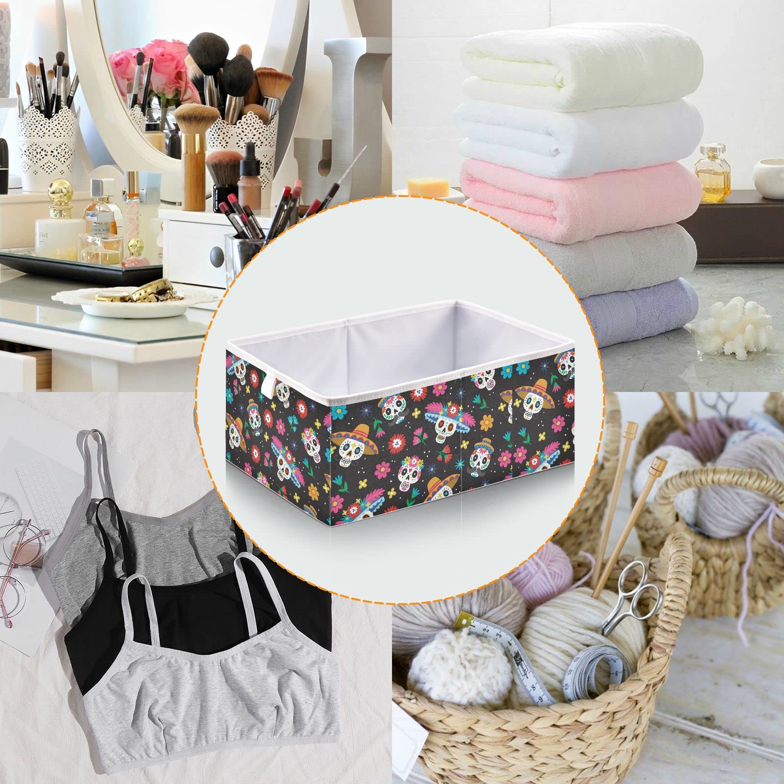 Day of the Dead Sugar Skull Halloween Storage Baskets - Foldable Collapsible Storage Box with Waterproof Fabric (11 x 11 Inch) - Perfect for Shelves, Pantry, Bathroom, Nursery & Toy Closet Organization