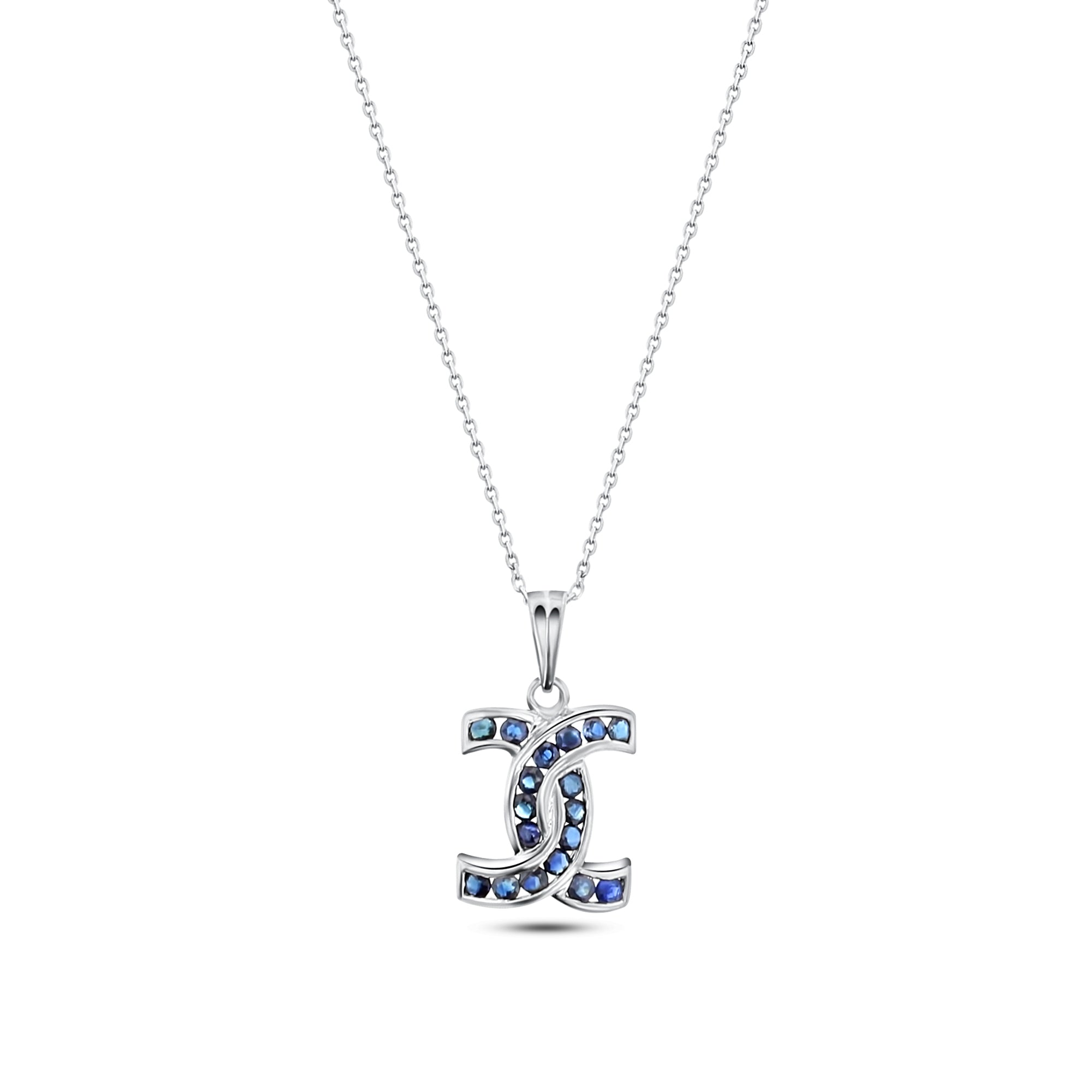 14k White Gold Sapphire Double 'C' Necklace - Elegant Pendant for Women, Perfect for Valentine's Day Gifts, Anniversary & Special Occasions