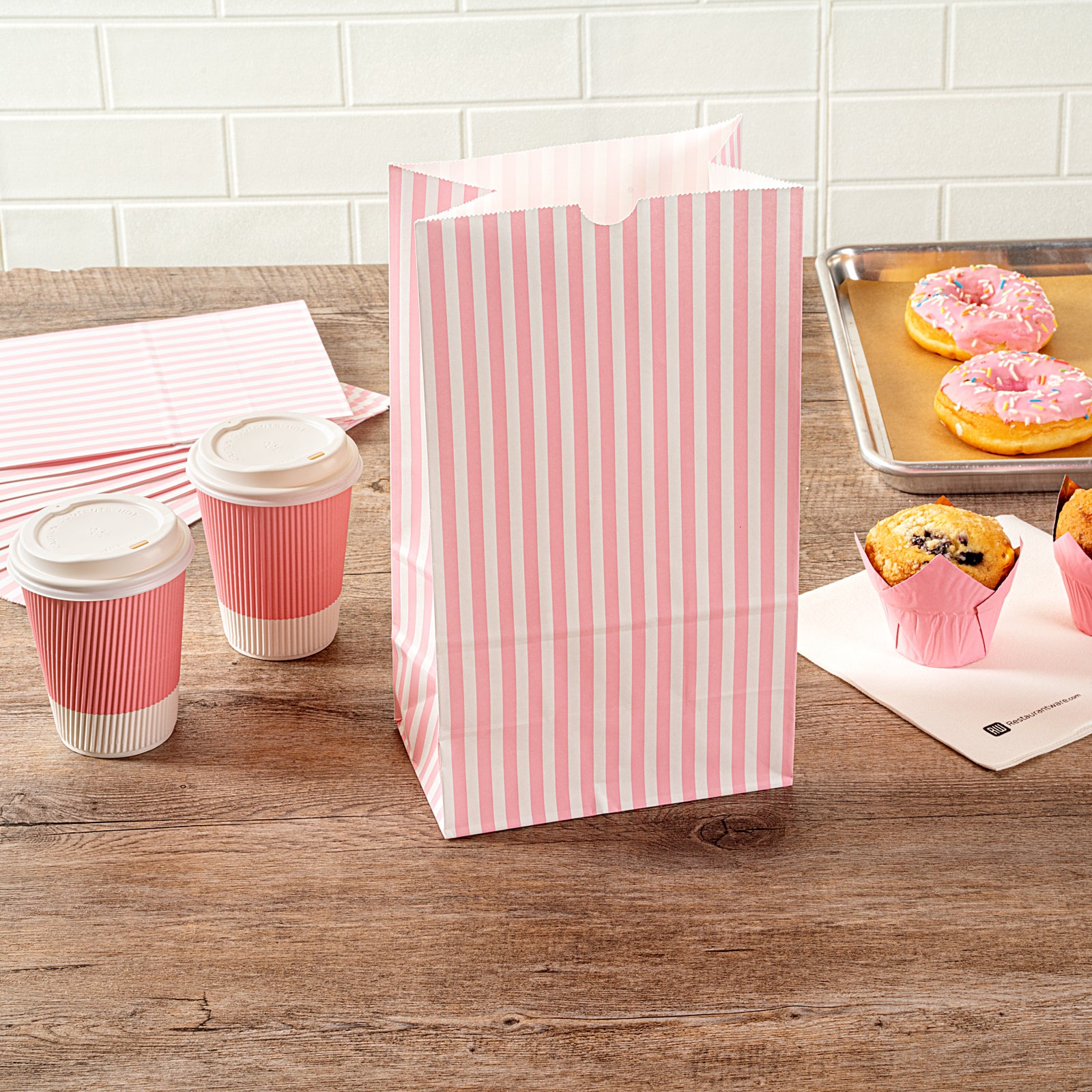 Pink and White Striped Paper Bags - 12 lb, 7 x 4.25 x 12.5 Inches - 100 Count Box - Perfect for Party Favors, Gift Packaging, and Retail Shopping Bags