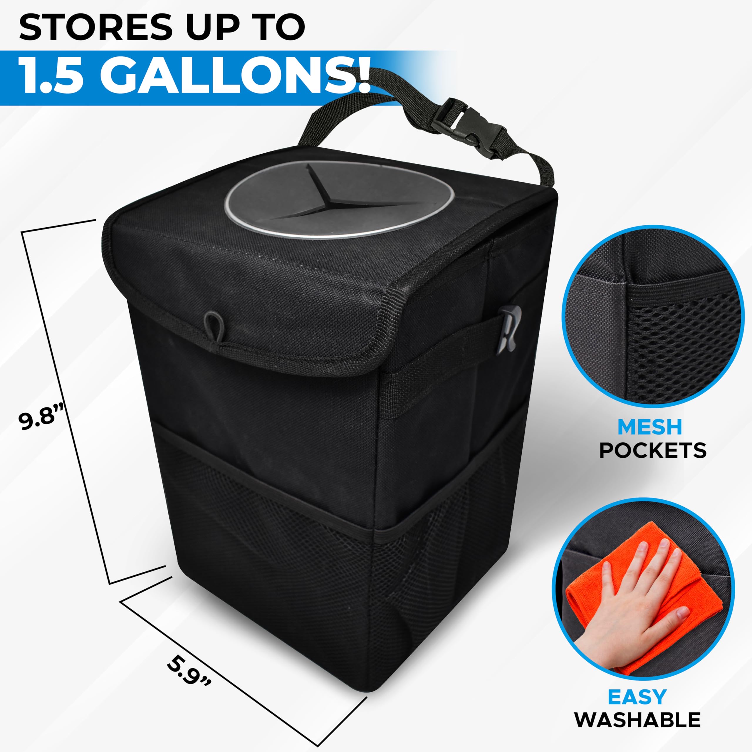 EcoNour 1.5 Gallon Hanging Car Trash Can with Lid - Waterproof Auto Garbage Bin for SUV, Truck & Vehicle - Black Multi-Purpose Storage Organizer - Perfect for Road Trips, Commuting & Family Travel