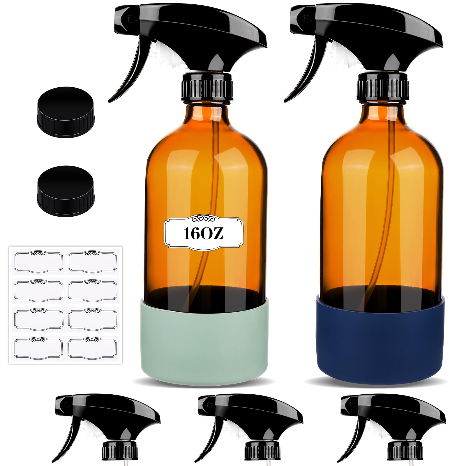2 Pack 16 Oz Glass Spray Bottles with Silicone Sleeve - Refillable Amber Bottles with Upgraded Adjustable Nozzle for Cleaning, Essential Oils, Hair Care - Perfect for Home, Kitchen, Bathroom & DIY Projects