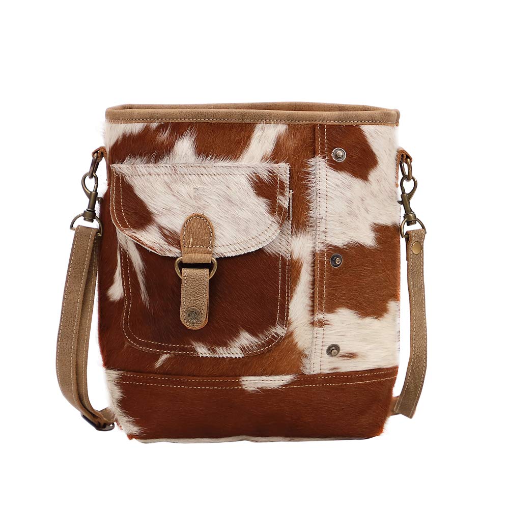 Myra Bag Nut Brown Upcycled Canvas & Cowhide Shoulder Bag S-1463 - Eco-Friendly Vegan Leather Crossbody Purse for Women, Perfect for Work, Travel & Everyday Use