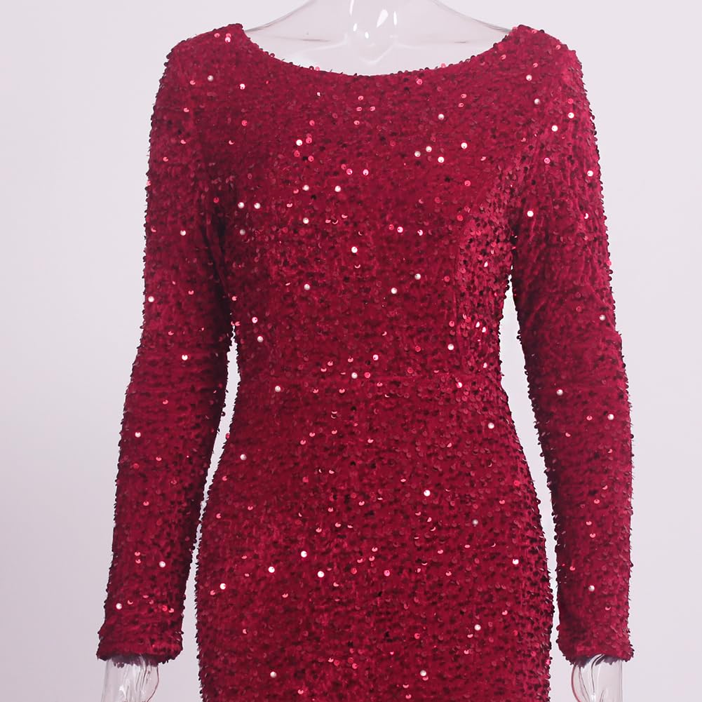 Velvet Stretch Sequin Formal Evening Gown - Long Sleeve O Neck Maxi Dress for Prom, Wedding & Holiday Parties