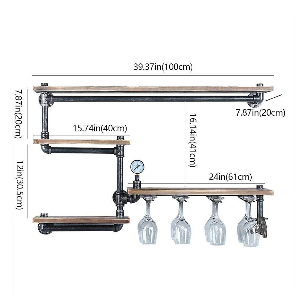 4-Tier Wall Mounted Wine Rack - 39.37in Rustic Industrial Wine Holder with 4 Stem Glass Hangers | Space-Saving Wine Storage Shelf for Home Bar, Kitchen, Dining Room & Entertainment Areas