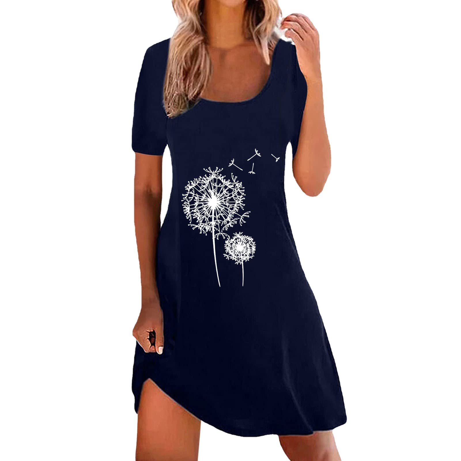 Women's Summer Casual Sun Dress - Round Neck Short Sleeve Floral Printed Sundress for Beach, Vacation & Outdoor Activities