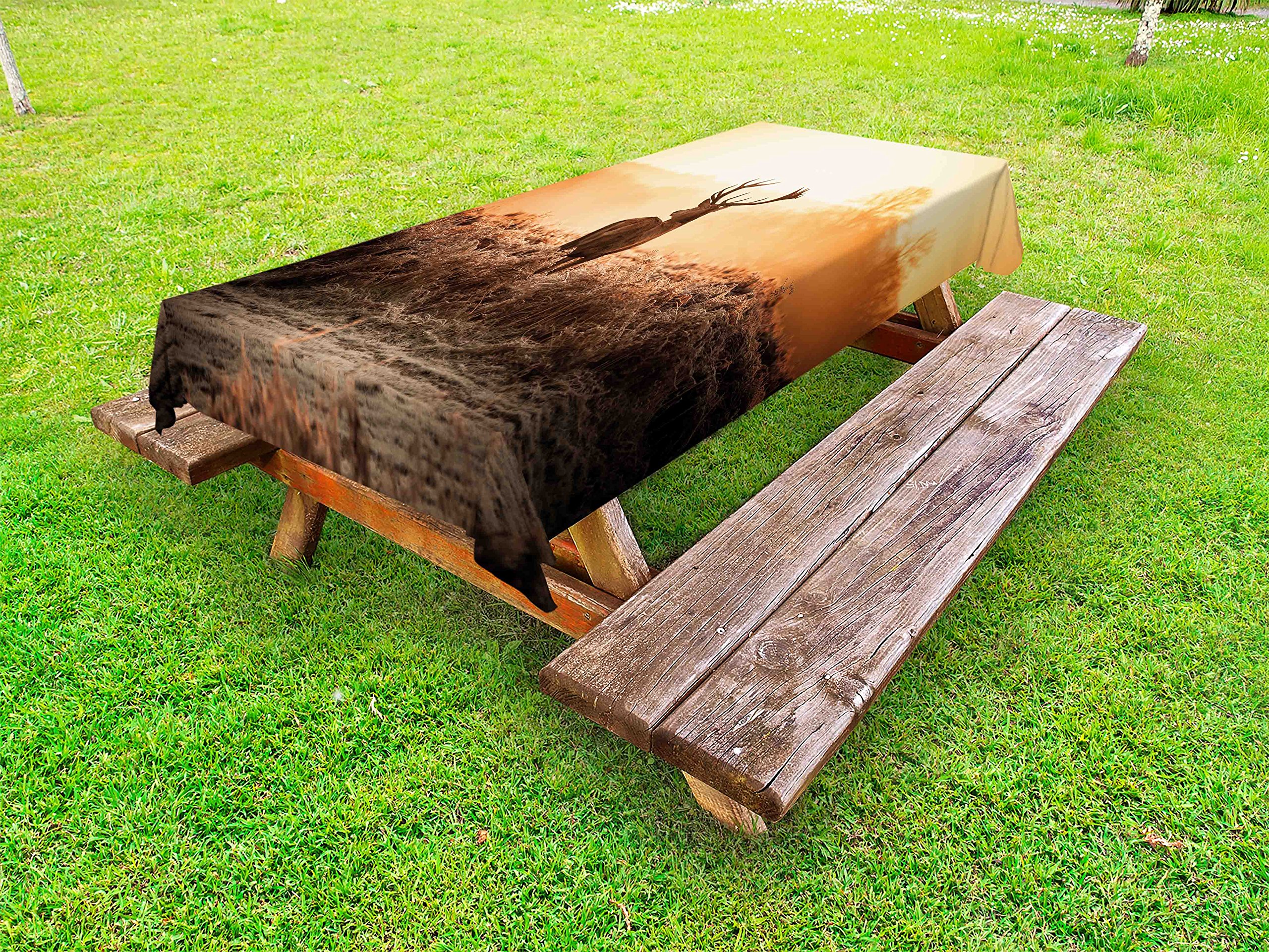 Ambesonne Hunting Themed Outdoor Tablecloth - Red Deer in Morning Sun Wilderness Scenery, Washable Picnic Table Cover 58x120 Inches, Brown Orange - Perfect for Camping, BBQs, and Outdoor Dining