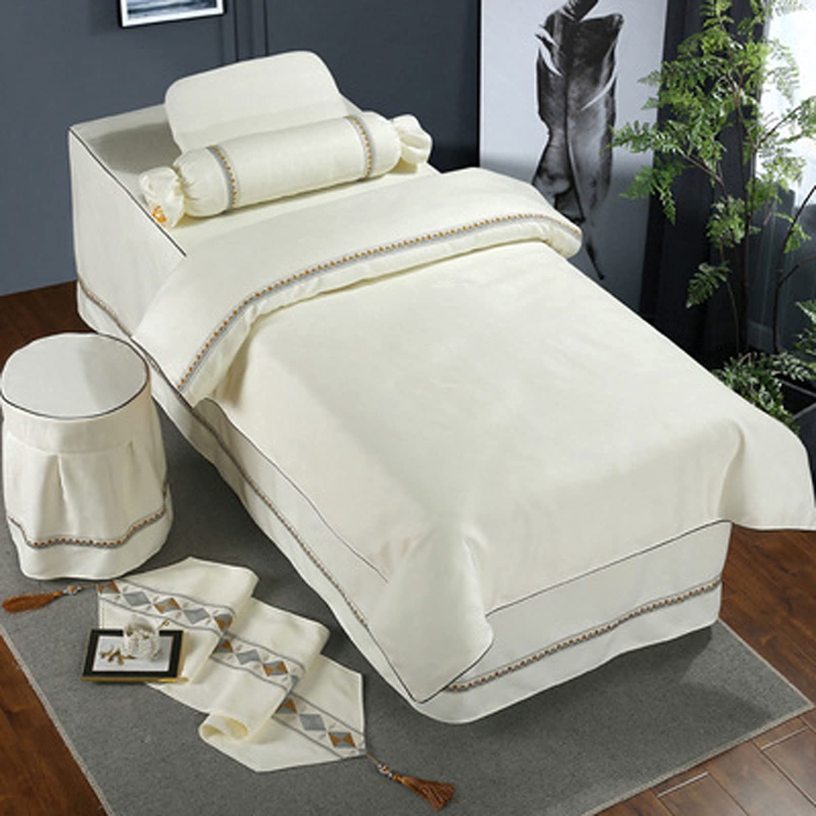 Premium 4-Piece Massage Table Skirt Set - Luxury Cotton Linen Tencel Bedspread for Spa & Therapy (Pink/White, 80x190cm) - Perfect for Professional Massage, Facial Treatments & Relaxation Therapy
