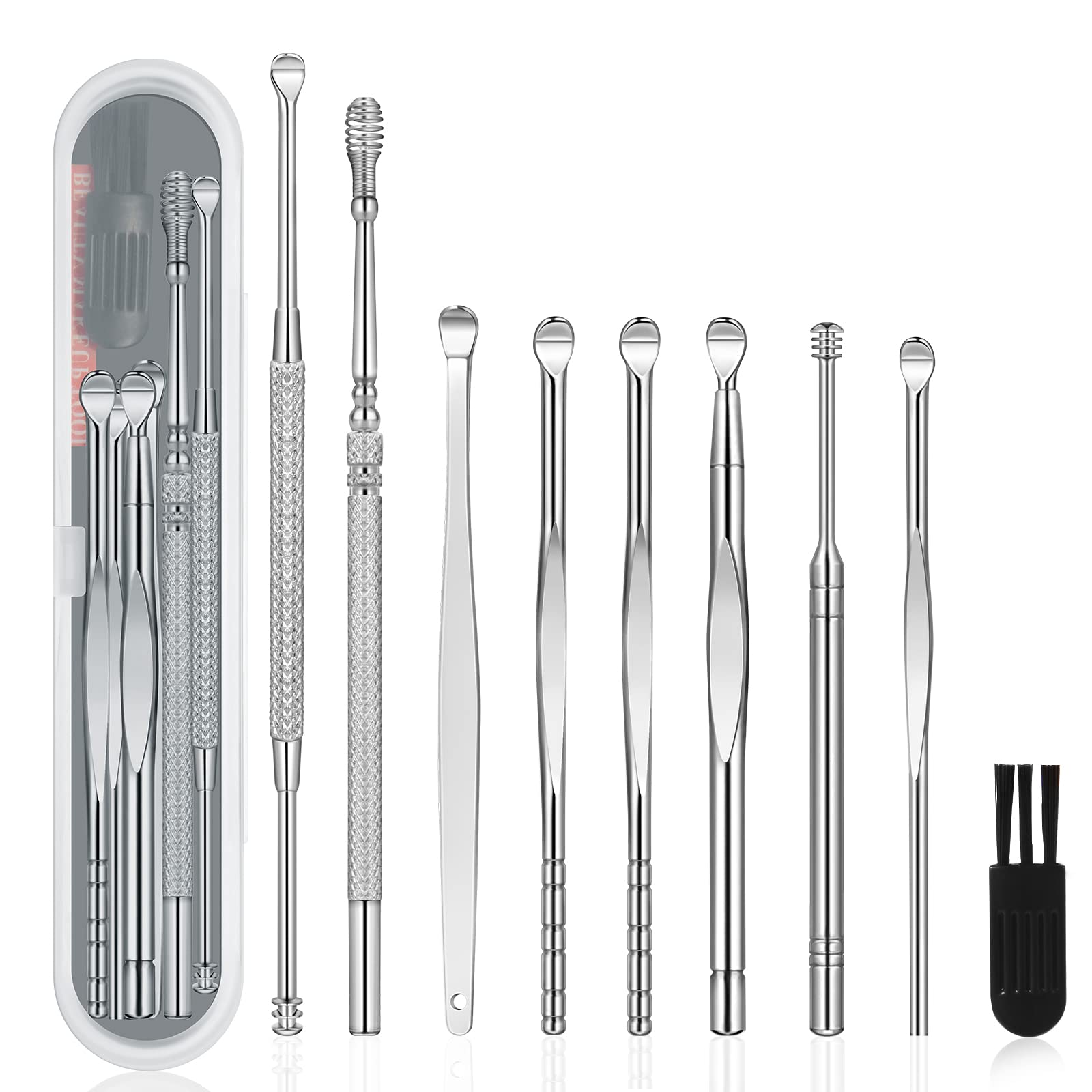 9-Piece Ear Wax Removal Kit - Medical Grade Ear Cleaning Tools with Curette, Brush & Storage Box - Safe for Kids & Adults - Silver | Perfect for Home, Travel & Personal Hygiene Care