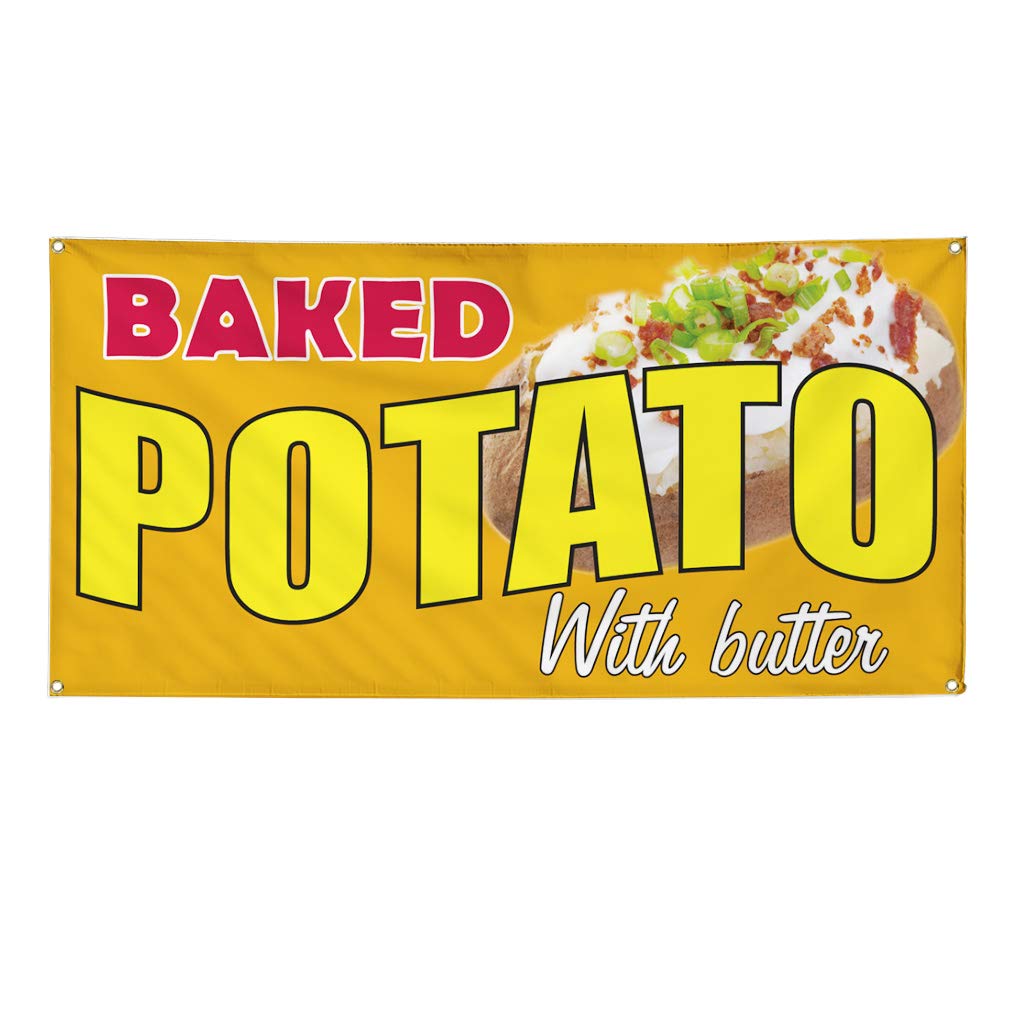 Custom Vinyl Banner - Baked Potato with Butter Design | Weatherproof Outdoor Restaurant & Food Sign | Multiple Sizes Available (60x144 Inches) with 10 Grommets | Perfect for Yard, Industrial Use & Food Truck Advertising