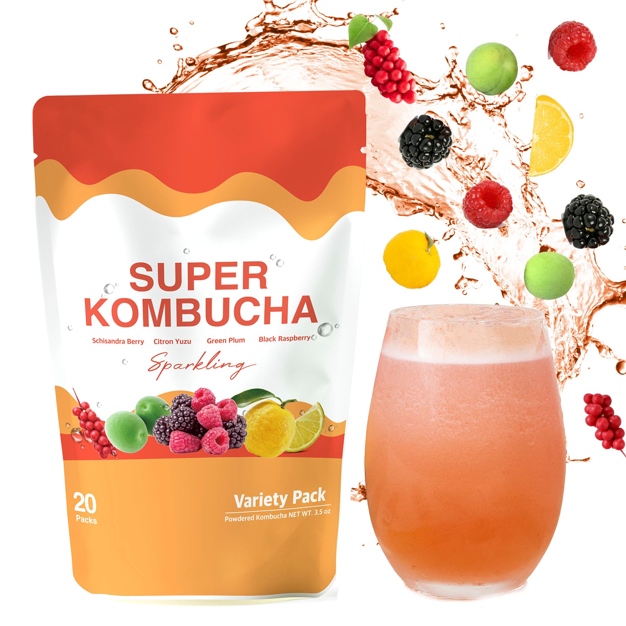Organic Kombucha Powder Variety Pack - 20 Servings | Schisandra Berry, Green Plum, Black Raspberry, Citron & Yuzu Flavors | Probiotic Drink Mix for Gut Health | Great for Homemade Kombucha, Smoothies & Healthy Sodas