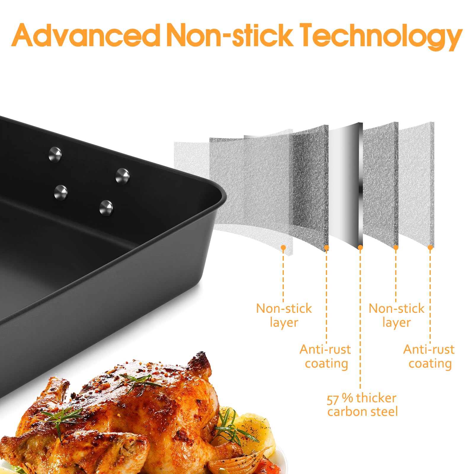 2-Pack 13.7x16 Inch Deep Lasagna Baking Pans - 3 Inch Depth Nonstick Roasting Pans with Handles, Heavy Duty Oven Safe Rectangular Cake Pans, Dishwasher Safe Dark Grey - Perfect for Family Dinners, Holiday Cooking & Meal Prep