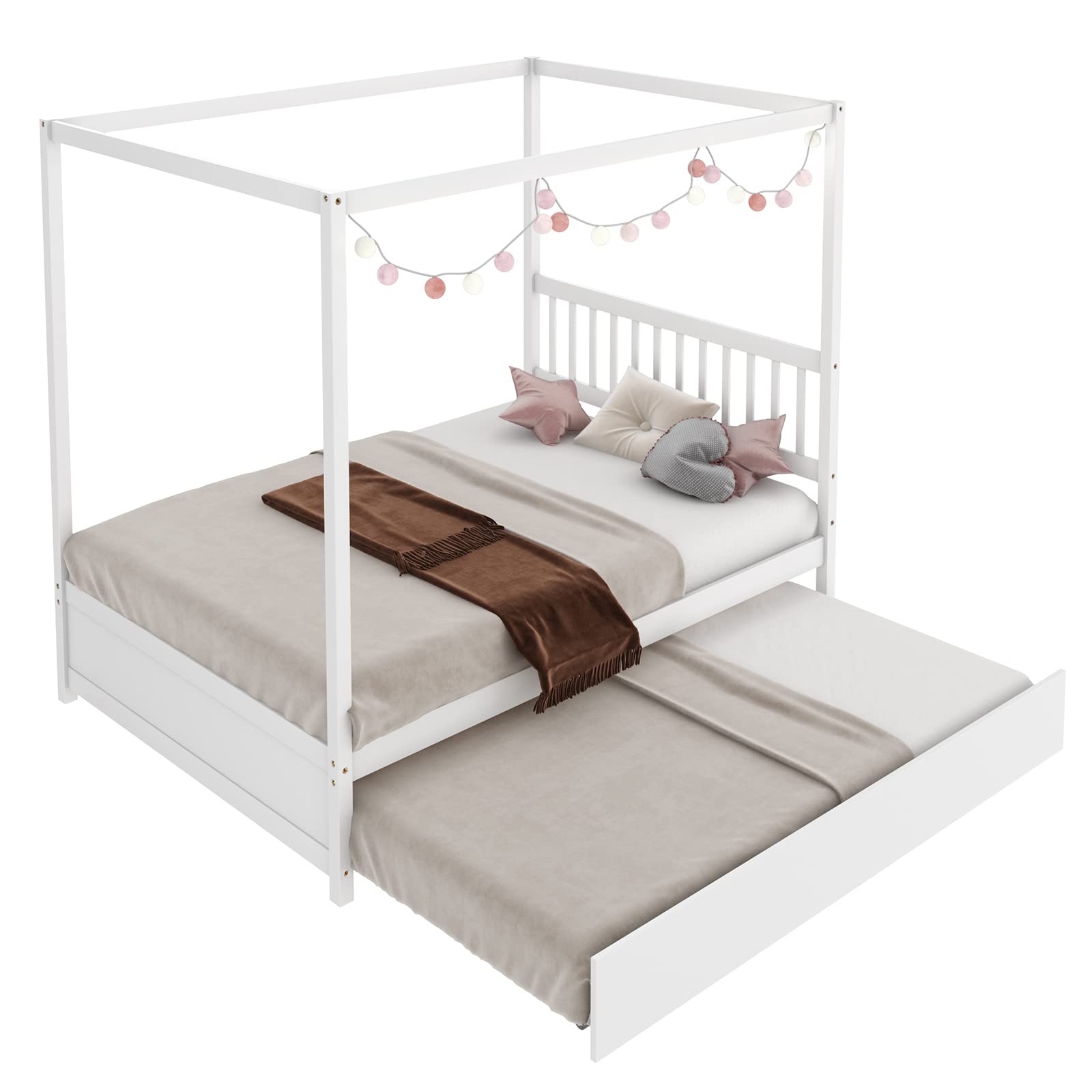 Giantex Full Size Canopy Bed with Trundle - Solid Wood Platform Bed Frame with Headboard for Kids, No Box Spring Needed - Perfect for Boys & Girls Bedrooms, Sleepovers and Space Saving (White)