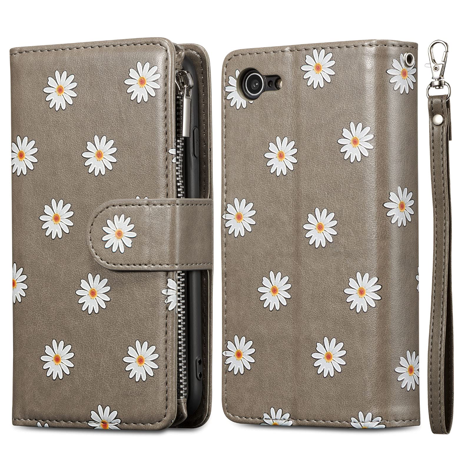 Premium PU Leather Magnetic Wallet Case for iPhone SE 2022/SE3/iPhone 7/iPhone 8/iPhone SE 2020 - Daisy Grey with Card Slots & Kickstand | Slim Protective Flip Cover for Everyday Use, Travel & Business