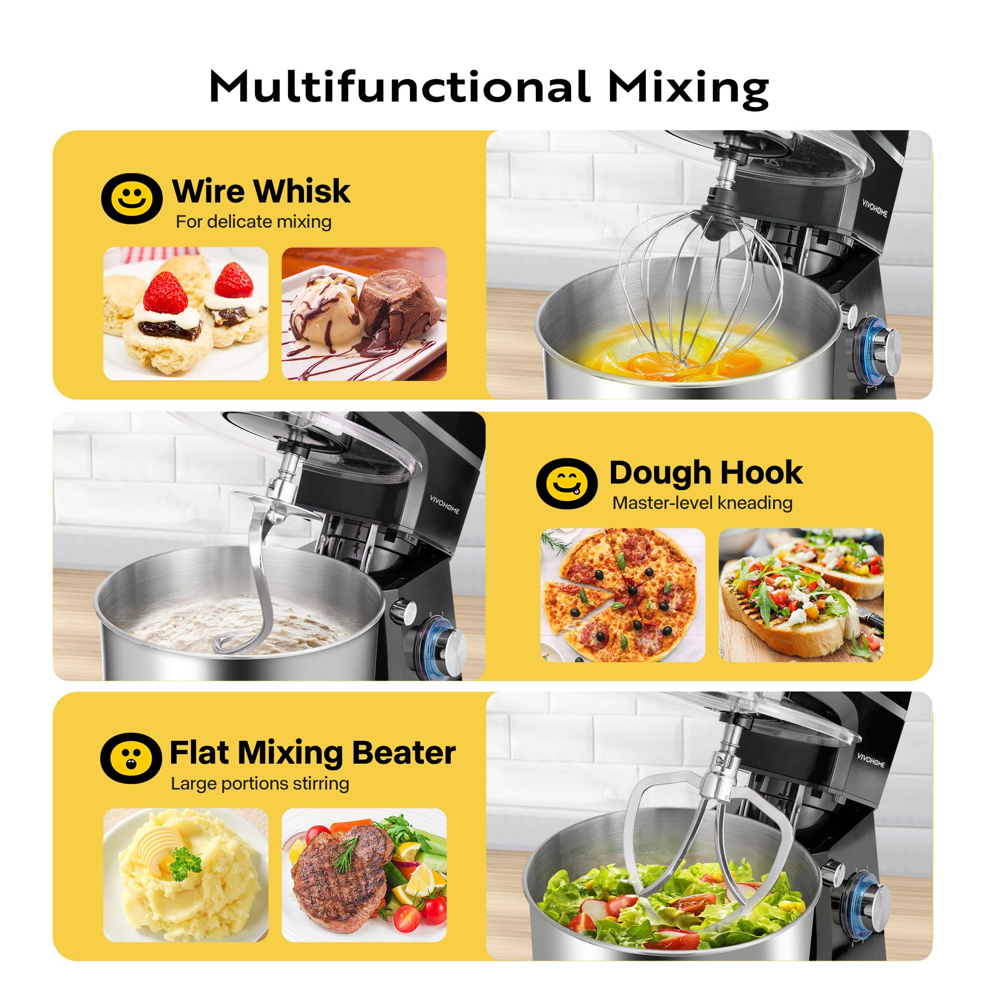 VIVOHOME 7.5 Quart Stand Mixer - 660W 6-Speed Tilt-Head Electric Kitchen Mixer with Beater, Dough Hook, Wire Whip & Egg Separator - Perfect for Baking Cakes, Cookies, Bread & More - Black