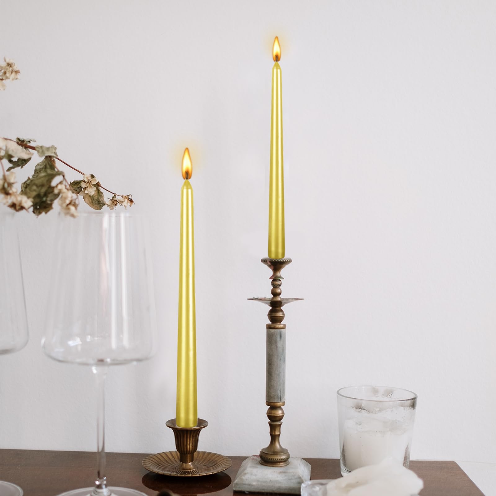 12 Pack 10 Inch Spiral Taper Candles - Long Lasting 8 Hours, Unscented & Smokeless - Elegant Glossy Gold for Home Decor, Dinner Parties, Weddings, Halloween & Christmas Celebrations