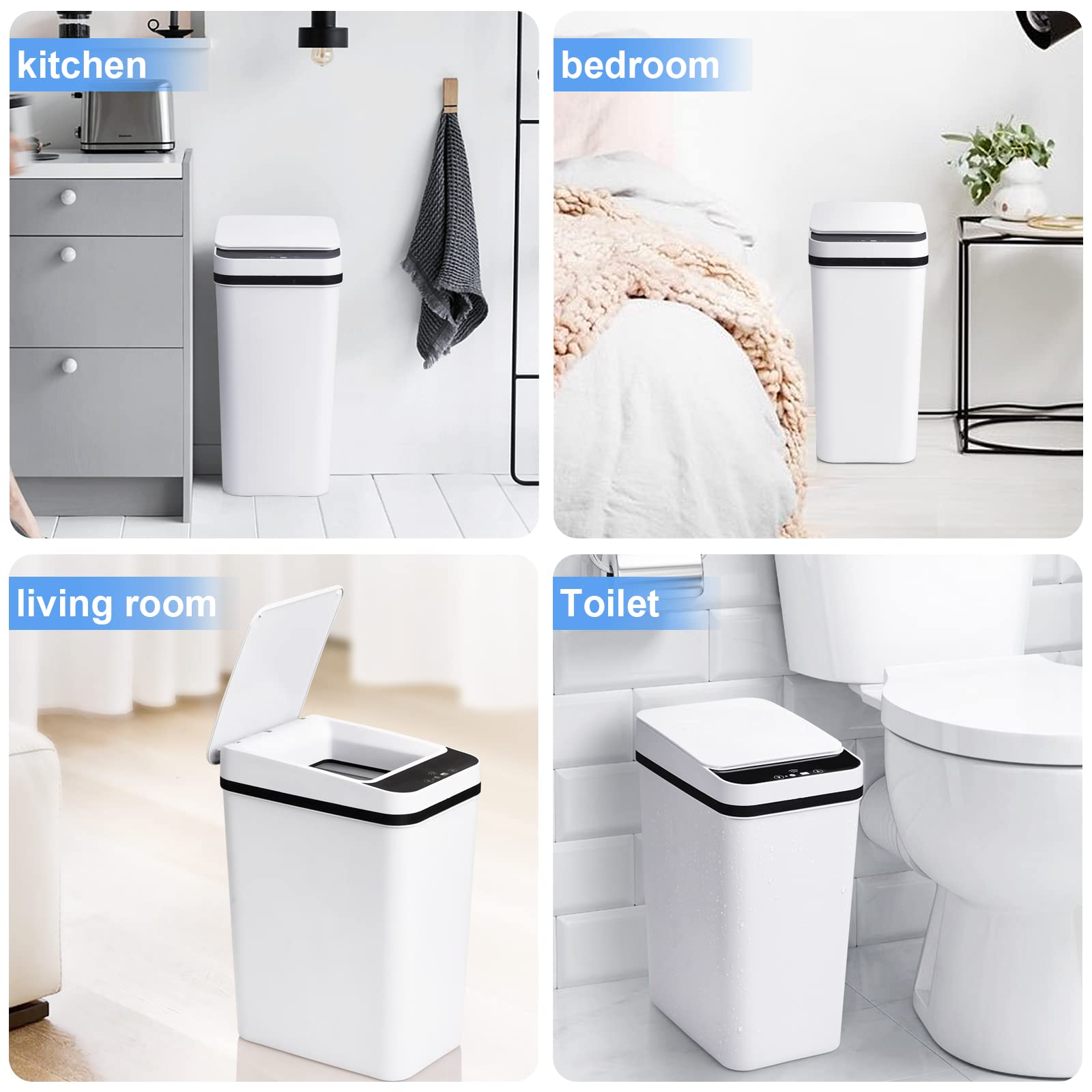 2 Pack 2.2 Gallon Automatic Motion Sensor Trash Can with Lid - Touchless Slim Garbage Bin for Bathroom, Bedroom, Office & Kitchen - Smart Electric Waste Basket (White) | Perfect for Small Spaces & Hygienic Disposal