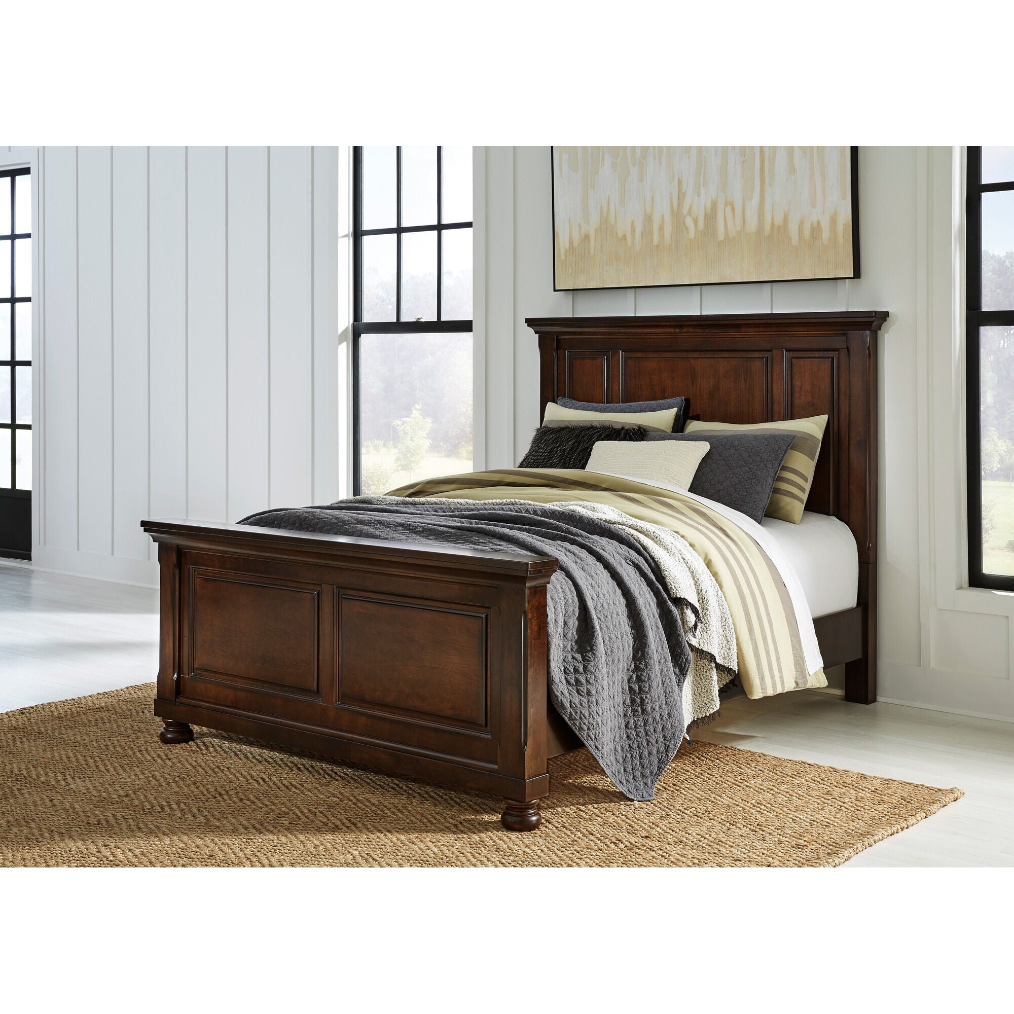 Modern Porter Panel Bed Frame - Queen Size Wooden Platform Bed with Headboard & Footboard - Perfect for Bedroom, Guest Room & Dormitory