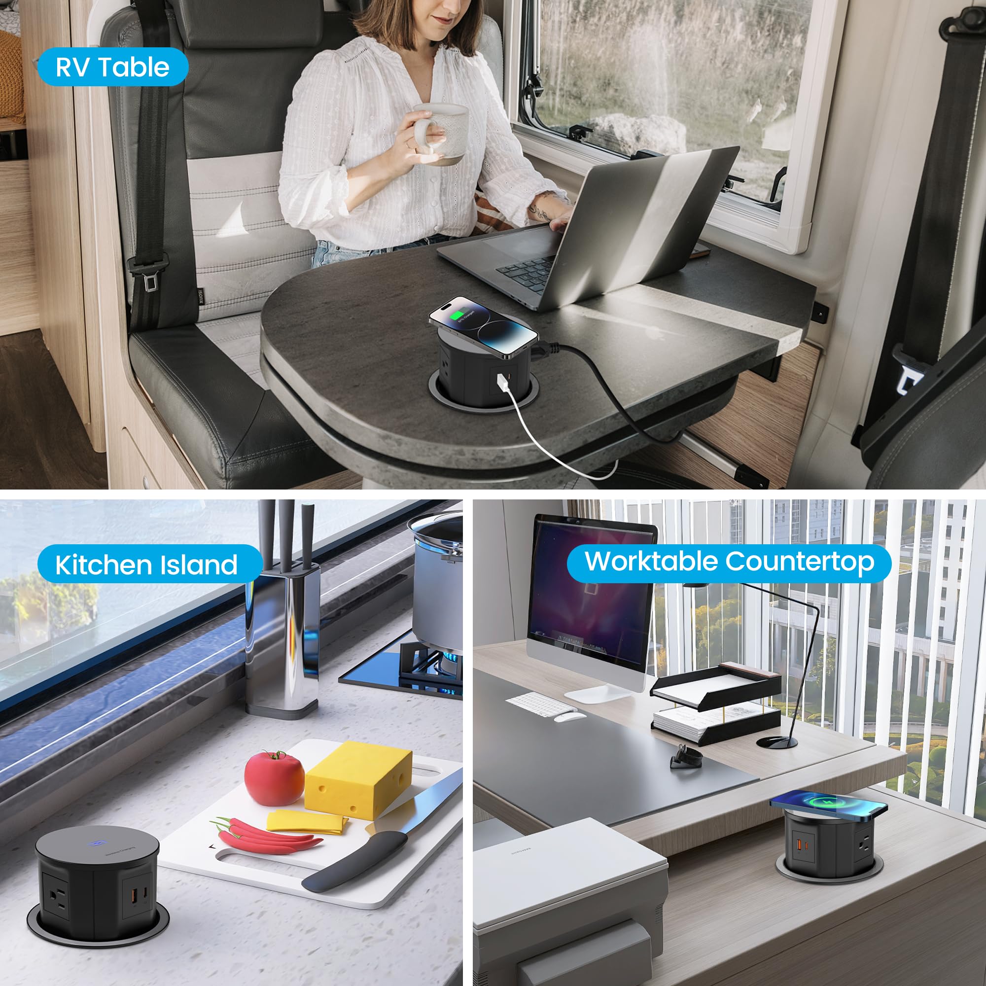 15W Wireless Charger Pop Up Outlet with 4 AC Outlets & 20W PD USB Fast Charging - 4.75