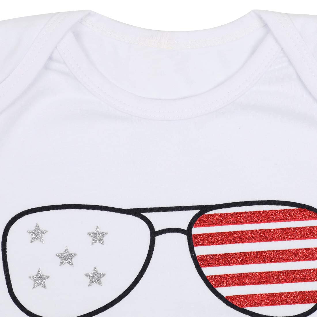 UNIQUEONE 3Pcs Baby Girls American Flag Stars Print Romper Bodysuit with Sequins Shorts & Headbands Set - Patriotic Outfit for 4th of July, Memorial Day & Independence Day Celebrations