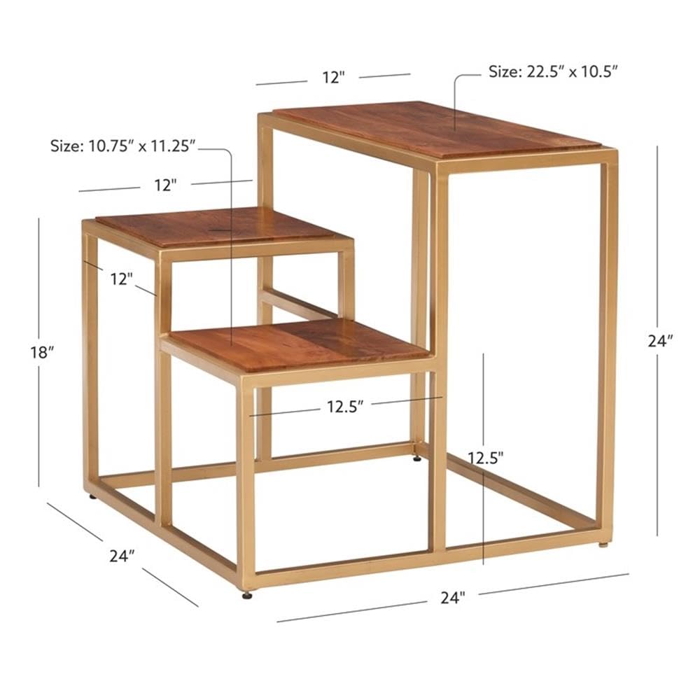 Linon Elijah 3-Tier Wood & Iron Side Table - Gold/Natural Finish | Perfect for Living Room, Bedroom, or Balcony Plant Stand | Multi-Purpose Storage Shelf for Home Decor