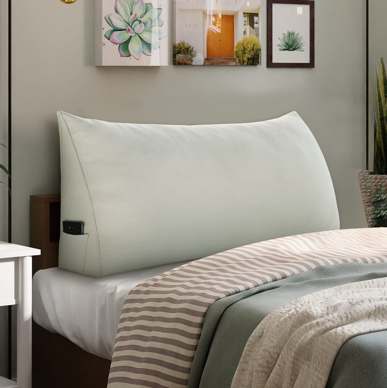Triangular Headboard Pillow - Large Wedge Bolster Pillow for Sofa & Bed Support - Cotton Linen Upholstered Backrest with Lumbar Cushion (Ivory, Twin Size) - Perfect for Reading, Lounging & Back Pain Relief