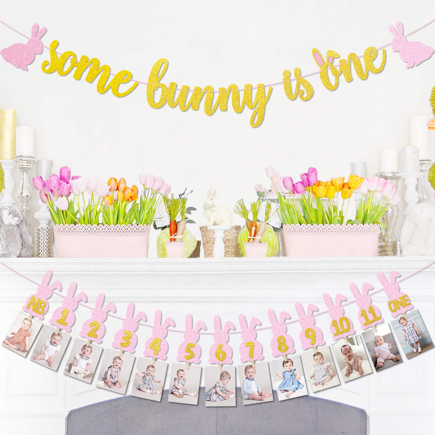 Some Bunny is One Banner Kit - Easter Bunny 1st Birthday Decorations with 12 Months Photo Banner - Spring Easter Rabbit Themed Milestone Banner for Baby Girls - Perfect for 1st Birthday Parties, Easter Celebrations & Monthly Photo Shoots