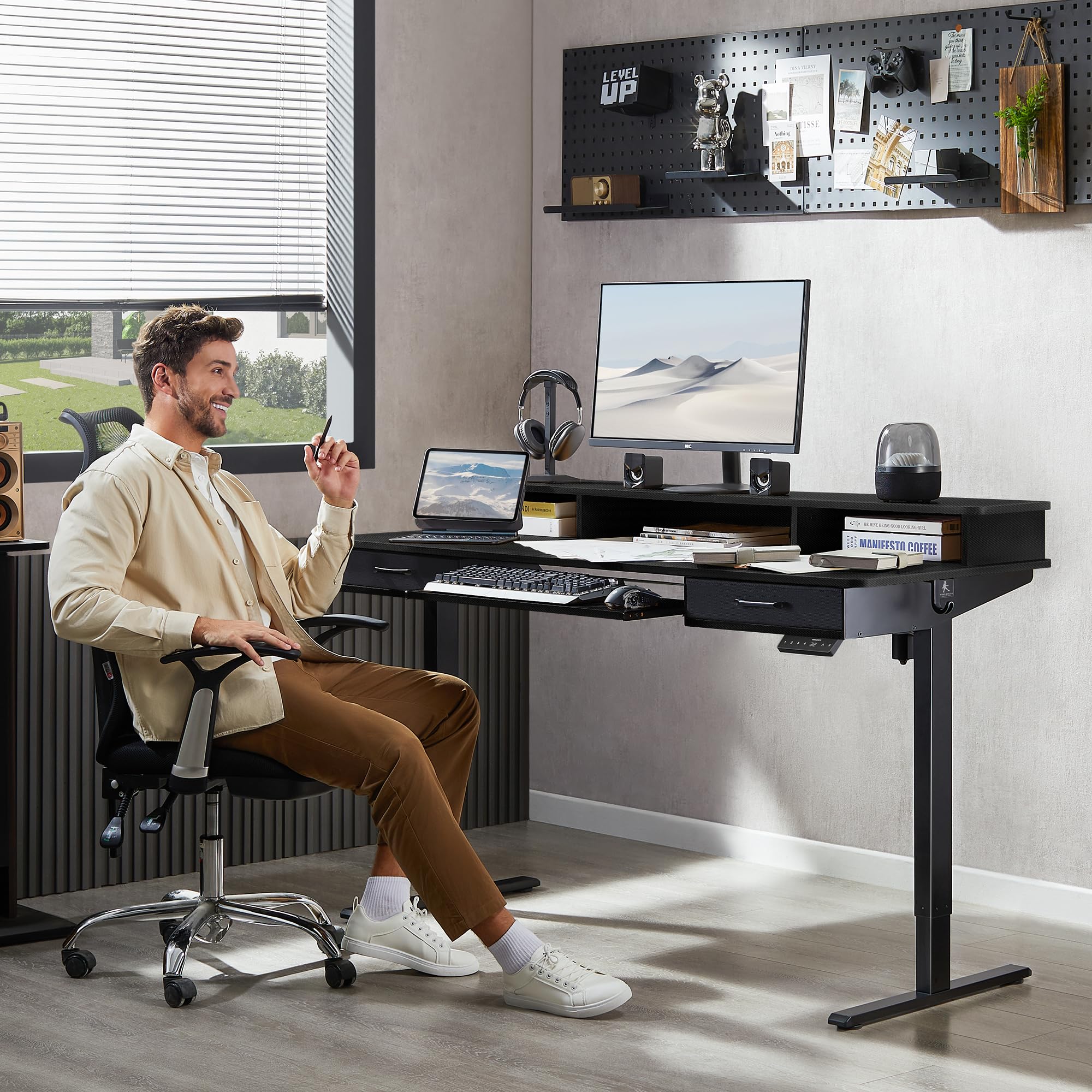 55x24 Inches Electric Height Adjustable Standing Desk with Keyboard Tray & 2 Storage Drawers - Ergonomic Sit to Stand Computer Workstation with Monitor Stand for Home Office, Gaming & Study (Black)