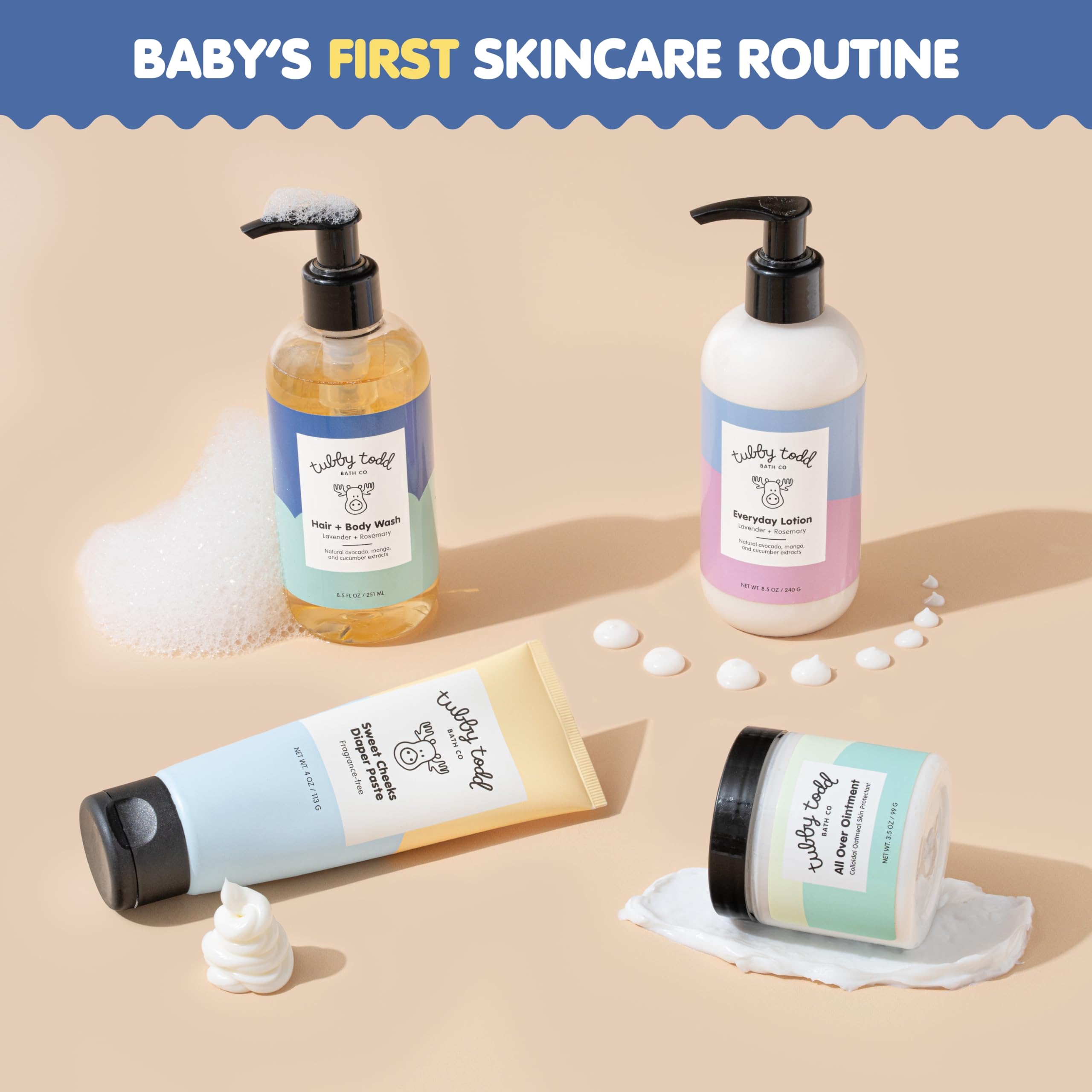 Tubby Todd Baby Bath & Skincare Gift Set - Lavender Rosemary Scented Baby Shampoo, Body Wash, Lotion, Ointment & Diaper Cream - Gentle & Natural Newborn Care Essentials for Sensitive Skin - Perfect Baby Shower Gift & Daily Bath Time Routine
