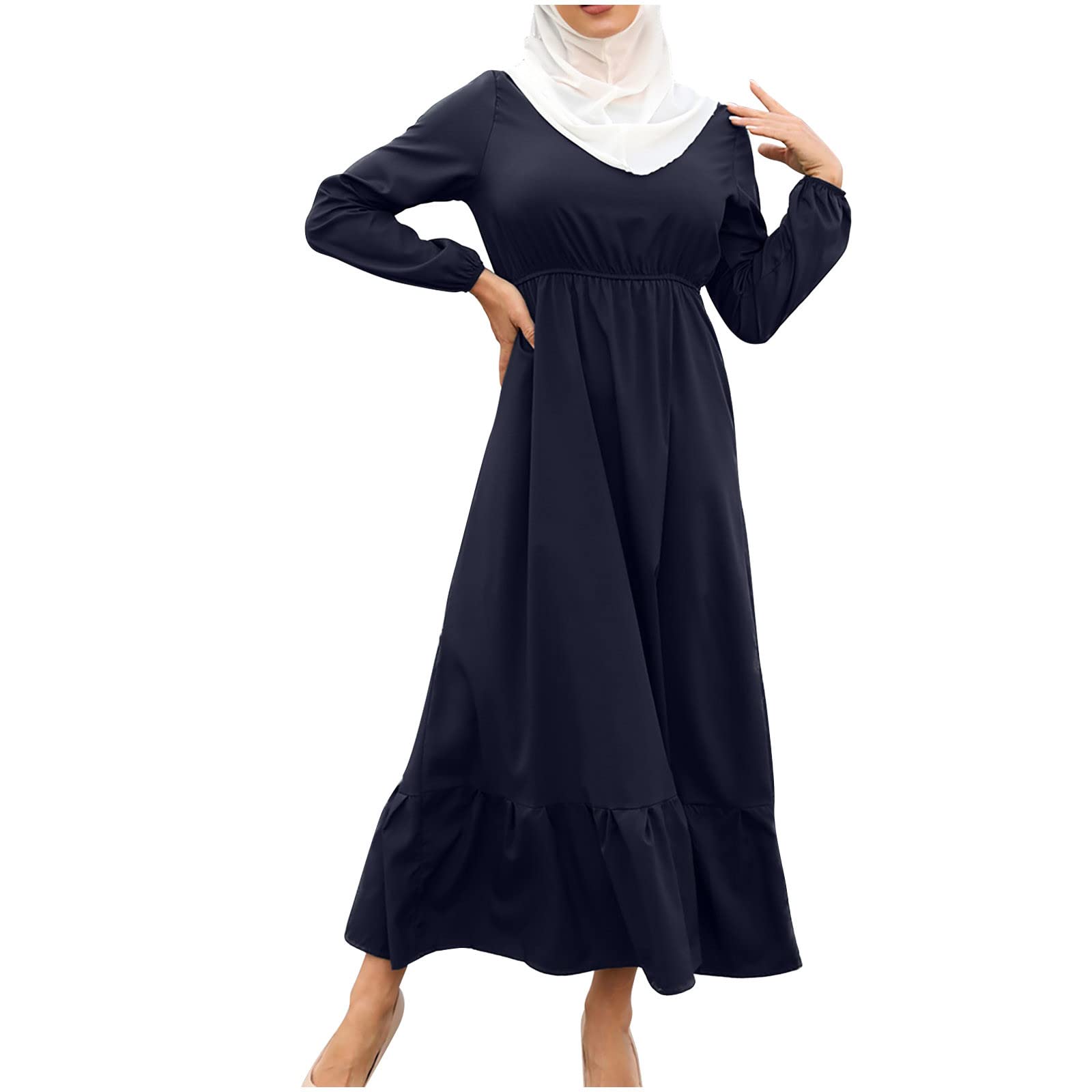 Women's Summer Sundress - Muslim Modest Long Sleeve Zipper Dress with Rosette Detail | Solid Color Sheath Dress | Tea Length for Petite | Perfect for Beach, Wedding & Casual Wear