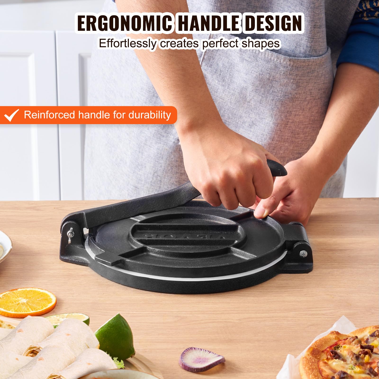 VEVOR 8 Inch Cast Iron Tortilla Press & Roti Maker - Heavy Duty Pre-Seasoned Tortilladora for Flour Tortillas, Roti, Tawa & Patacones - Includes 100 Pcs Parchment Paper - Perfect for Mexican & Indian Cooking, Home Kitchen & Restaurant Use