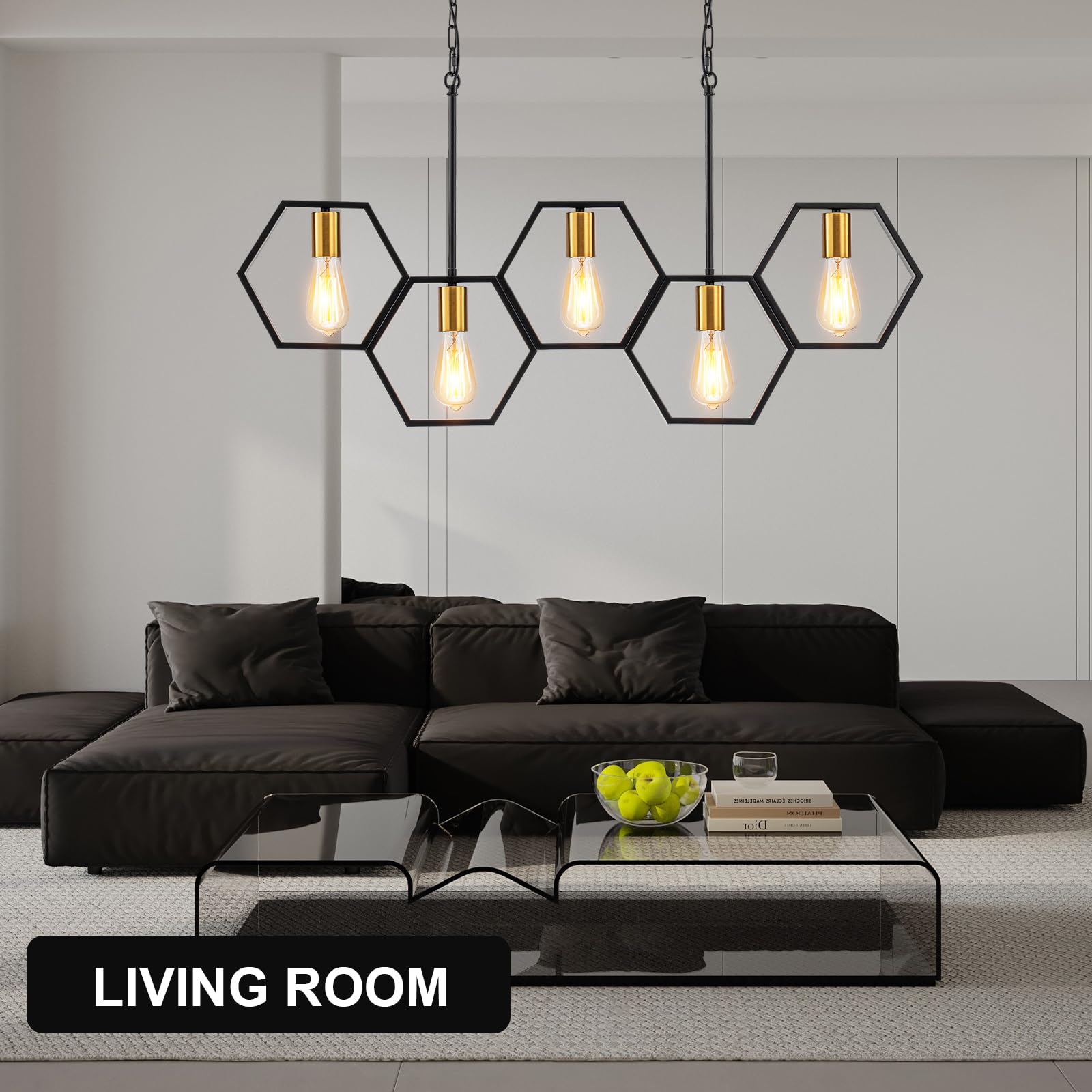 Farmhouse 5-Light Kitchen Island Chandelier - Adjustable Height Industrial Rectangular Pendant Light for Dining Room & Pool Table (Black/Gold) - Perfect for Farmhouse Decor, Kitchen Islands, and Game Room Lighting