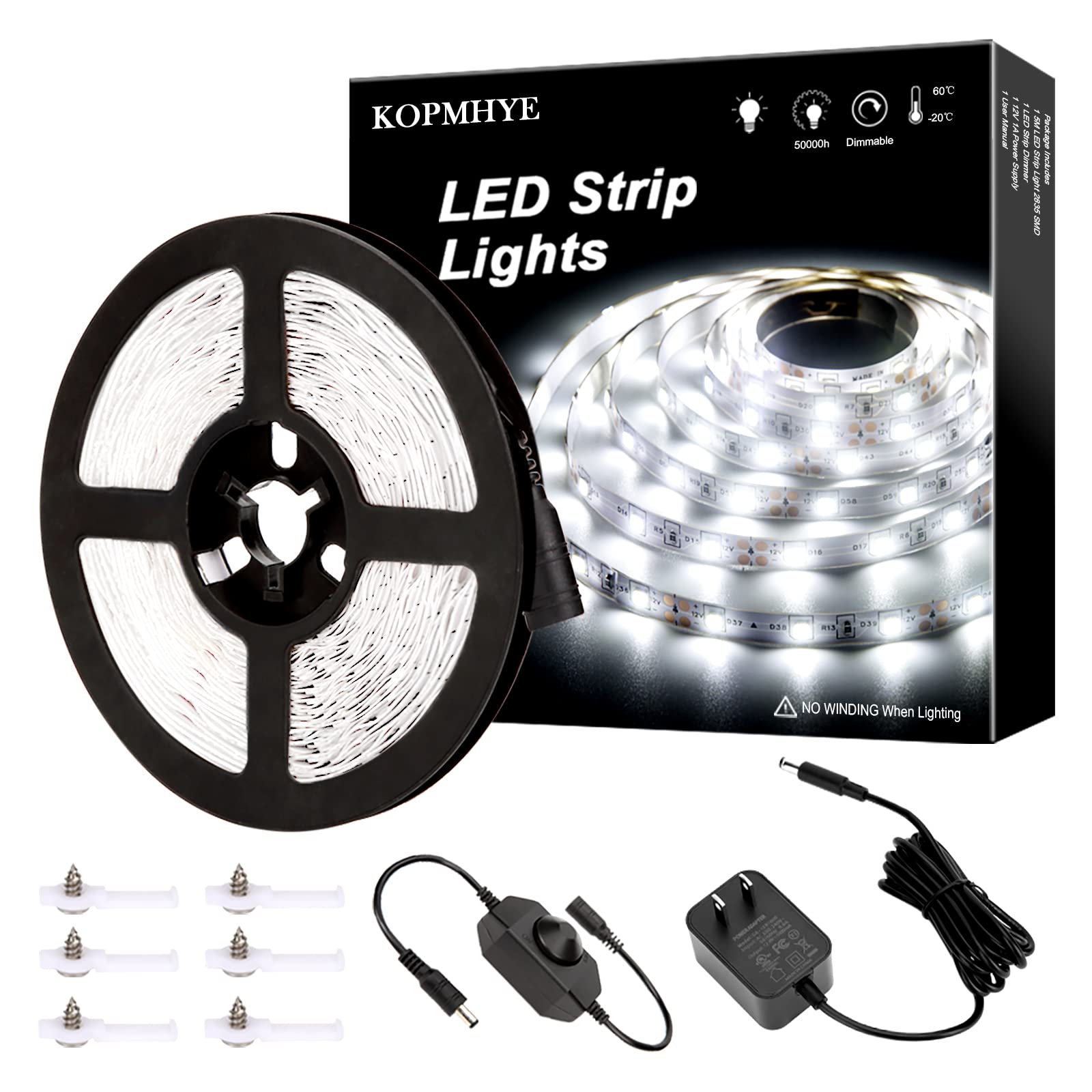 KOPMHYE 5M Dimmable LED Strip Lights Kit - 12V Flexible Tape Light with 300 2835 LEDs, 16.4ft 6000K Daylight White Ribbon & Power Adapter - Perfect for Under Bed Lighting, Vanity Mirror, Cabinet, Home Decor (Non-Waterproof)