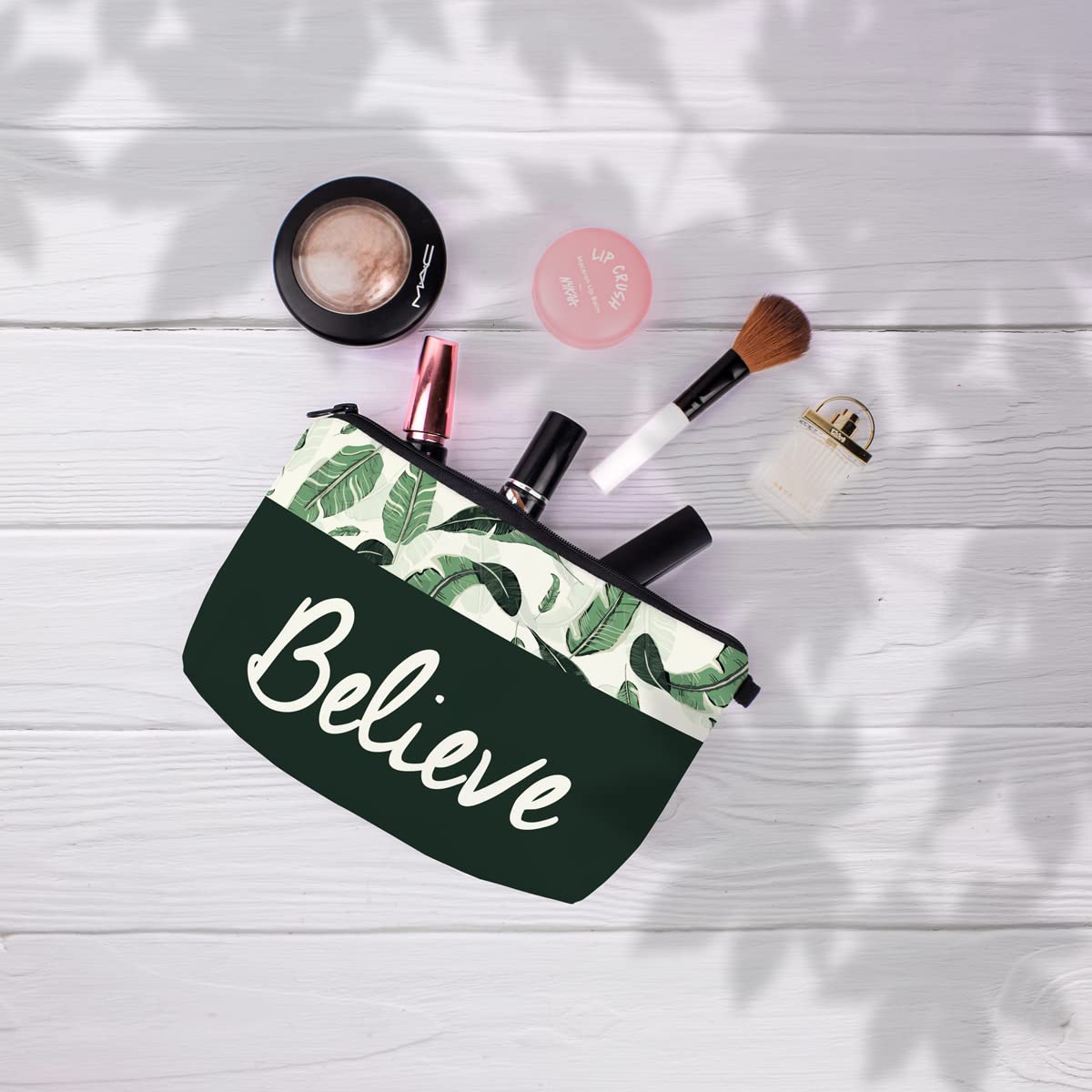 Crazyify Believe Makeup Bag for Women - Waterproof Canvas Cosmetic Pouch with Zipper, Travel Toiletry Storage Organizer | Perfect for Travel, Gym, and Daily Makeup Essentials