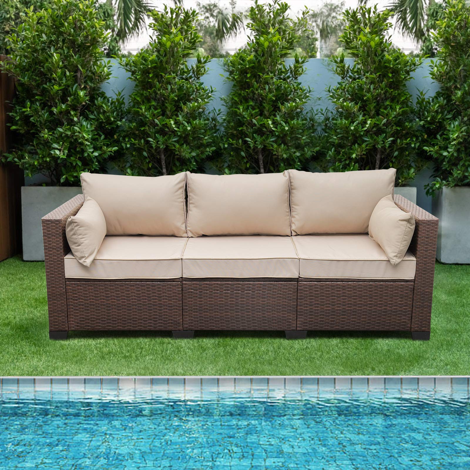 3-Seat Outdoor PE Wicker Sofa Set - Brown Rattan Patio Furniture with Non-Slip Beige Cushions | Waterproof & UV Resistant | Perfect for Garden, Poolside & Backyard Relaxation