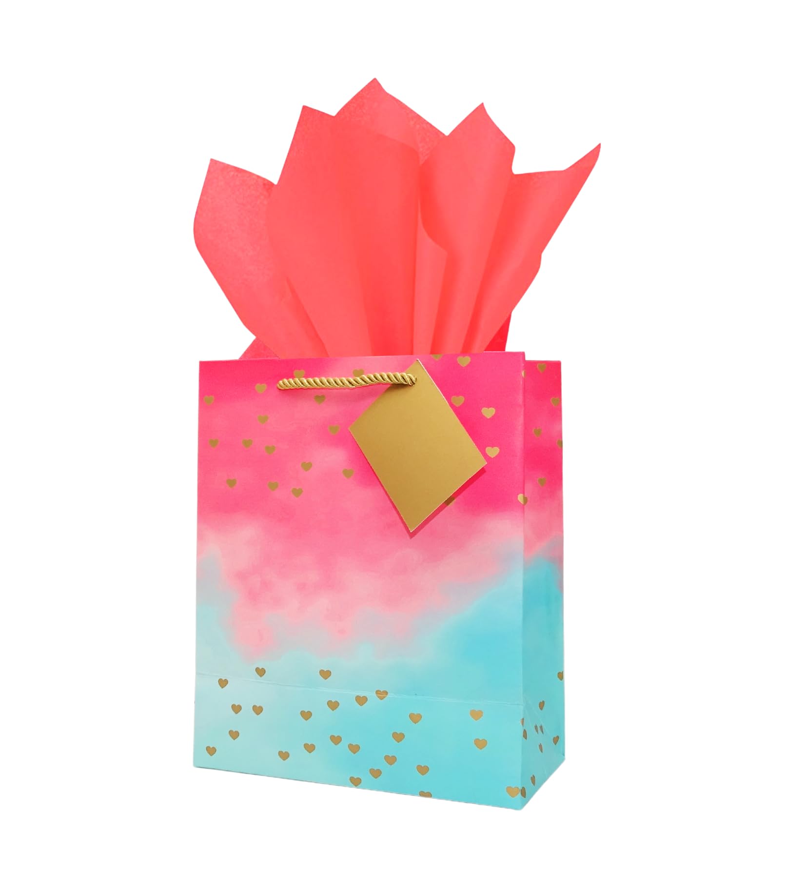 RanGit Bhumi 10pcs Small Paper Gift Bags 7x8.5x3.75in - Ombre Heart Design Goodie Bags with Tissue & Thank You Card - Perfect for Party Favors, Wedding Return Gifts & Birthday Treat Bags