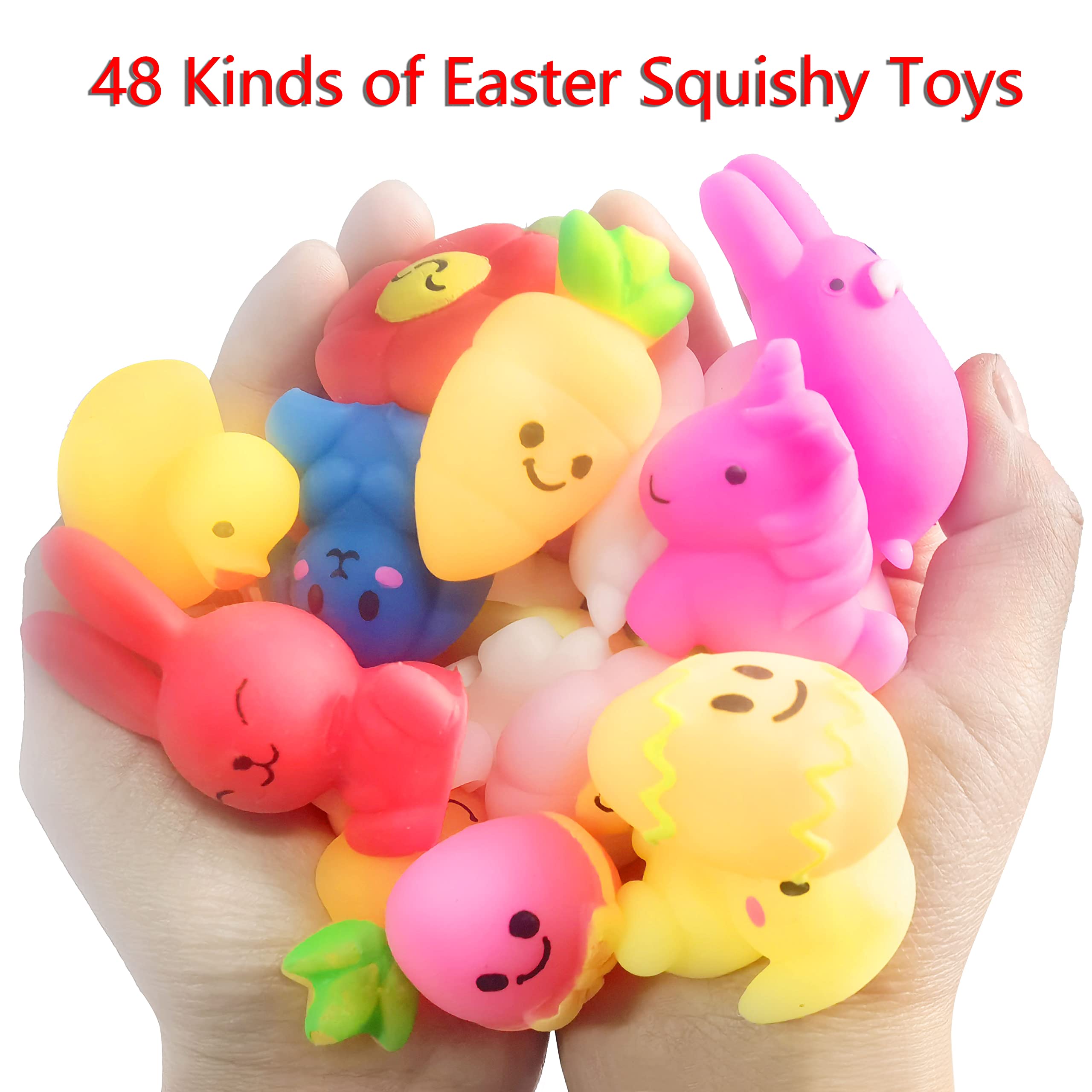 48 Pcs Easter Mochi Squishy Toys - Mini Cute Stress Relief Squeeze Toys for Kids, Easter Basket Stuffers & Party Favors - Fun Sensory Fidget Toys for Anxiety Relief, Classroom Rewards and Easter Egg Hunt Prizes
