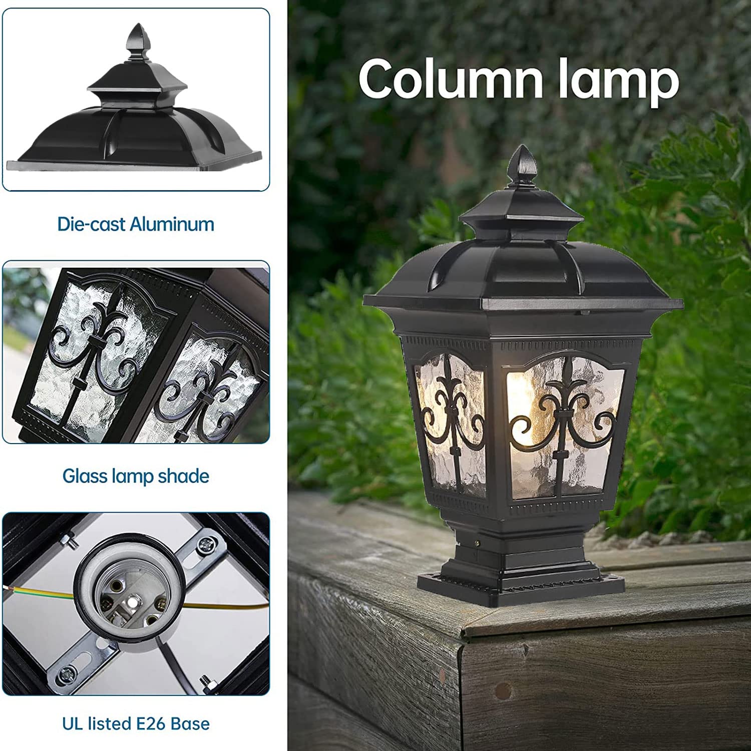 Outdoor Column Lights IP65 Waterproof - Aluminum & Glass Garden Post Lights for Fence, Patio, Landscape - Black Exterior Pillar Lights for Yard, Driveway, Walkway Decoration