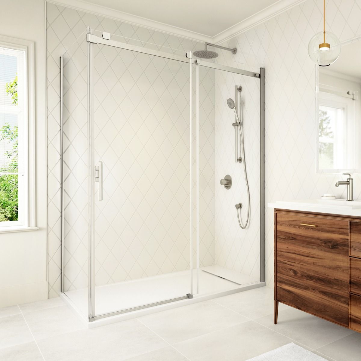 KONCEPT EVO Brushed Nickel Sliding Shower Door 60x77 Inches with 36-Inch Return Panel - KP Protective Film (Left Opening) - Modern Bathroom Upgrade for Spa-Like Experience - Perfect for Home Renovation & Luxury Bathroom Design