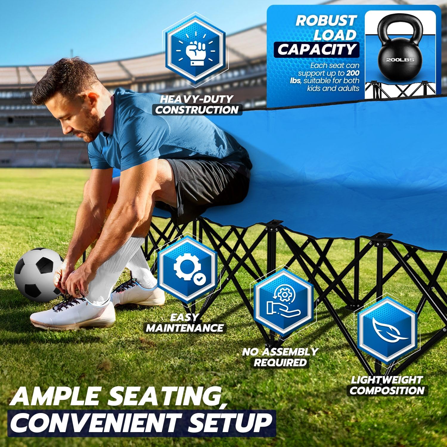 Flexzion Portable Folding Bench Seat - 6 Person Collapsible Soccer Bench with Backrest & Carry Bag - Perfect for Bleachers, Camping, Sports Sidelines, Outdoor Events & Picnics - Durable Blue Bench Seating Solution