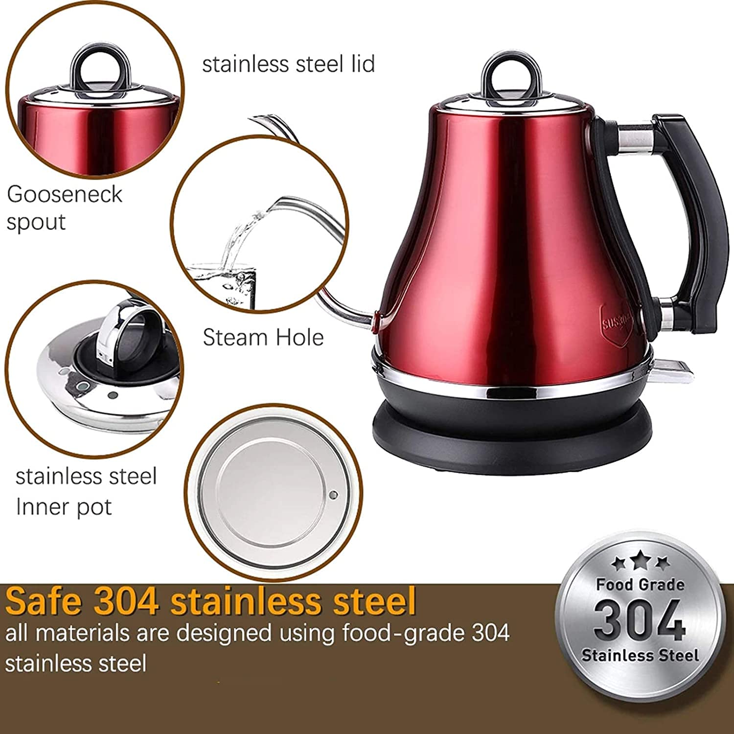 1.2L Electric Gooseneck Kettle - 1500W Fast Boiling, 304 Stainless Steel, Red - Perfect for Coffee, Tea & Office Use - Safe for Home & Commercial Kitchens