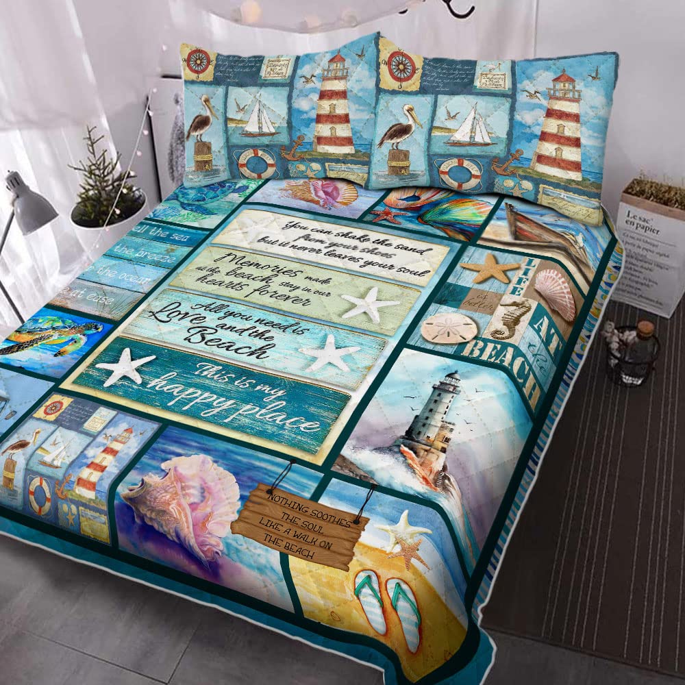 GEEMBI Queen Size Quilt Bedding Set - Soft Microfiber All Season Coverlet with Pillowcases | Beach Themed Bedspread for Master Bedroom, Guest Room & Dorm | QNN410QS (King, Queen, Twin)