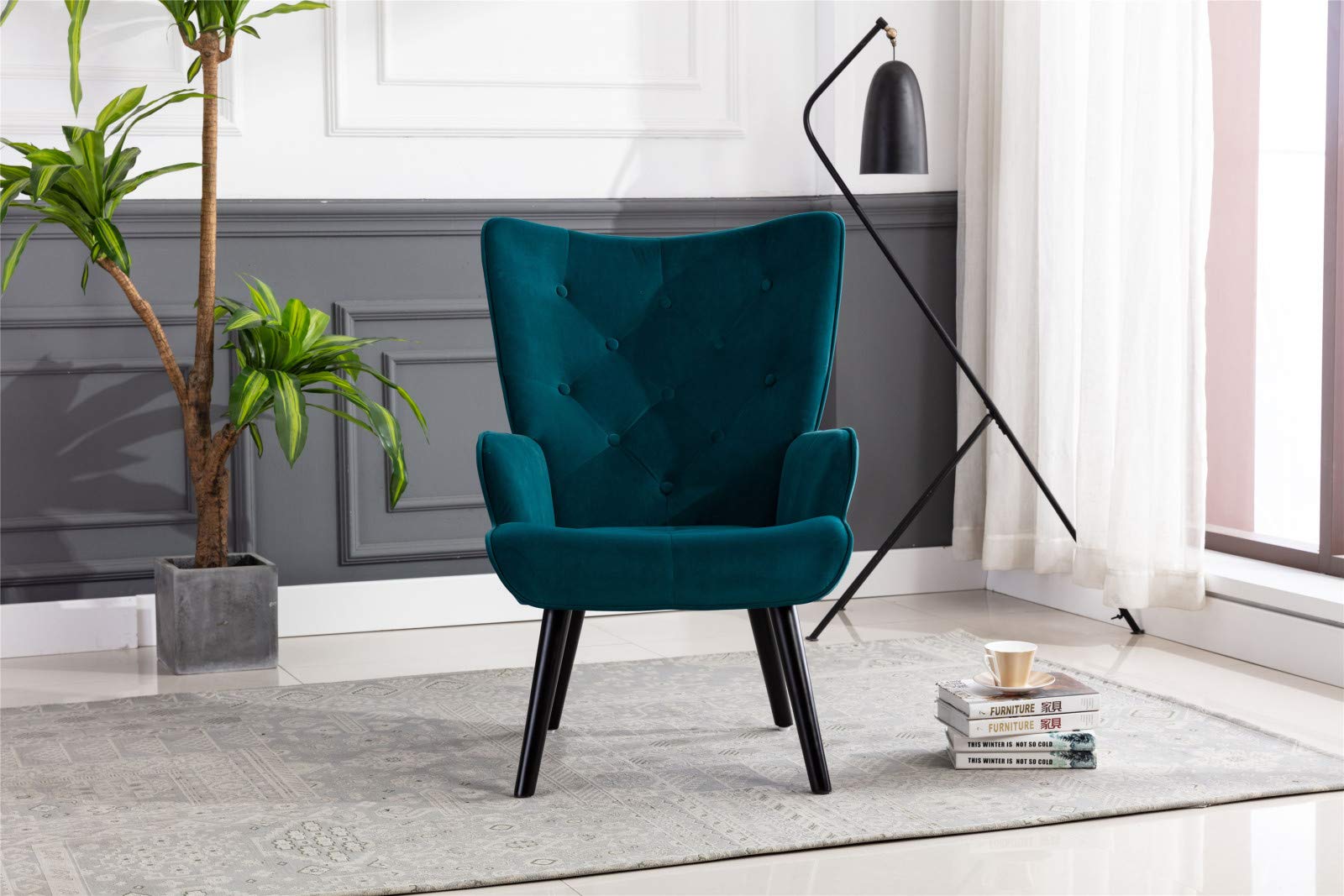 Mid-Century Modern Accent Chair with Wooden Legs & Tufted Upholstery - Green Microfiber Fabric Armchair for Living Room, Bedroom & Office - Solid Wood Frame Comfortable Lounge Chair for Reading Nook or Cozy Corner
