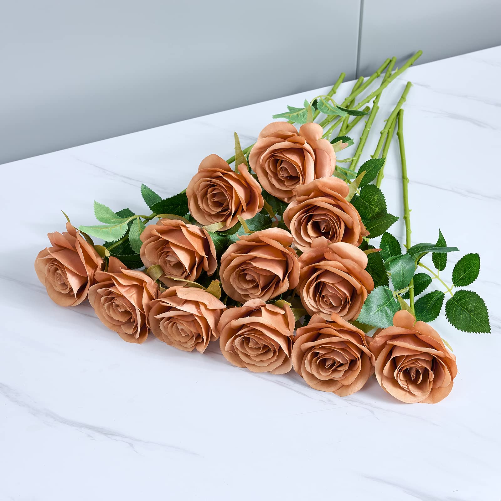 12pcs Dusty Orange Artificial Silk Roses with Long Stems - Fake Flowers for Wedding Centerpieces, Home Decor, Party Decorations - Perfect for Table Arrangements, Bouquets, and DIY Crafts