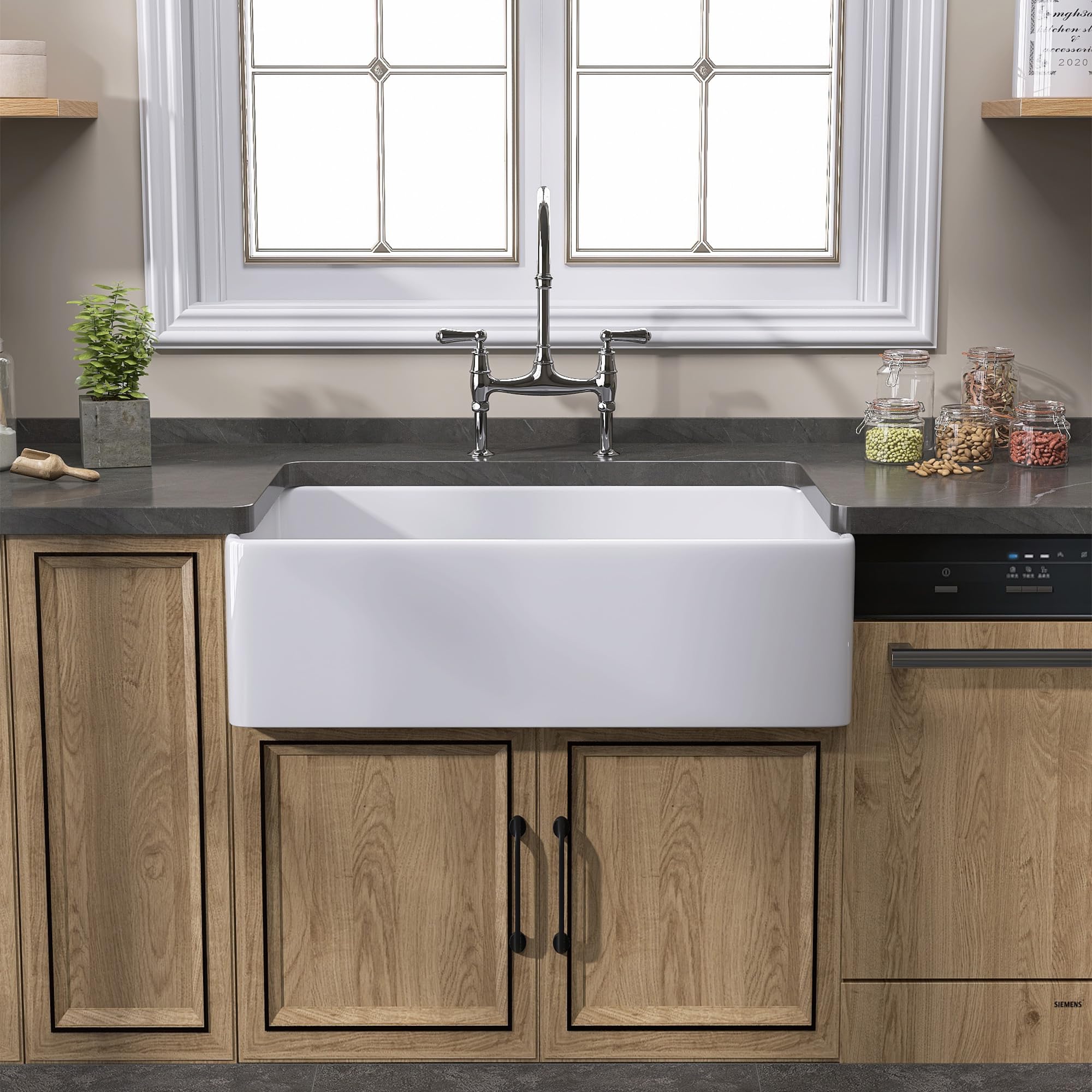 33 Inch White Farmhouse Apron Front Fireclay Kitchen Sink - Large Capacity Deep Single Bowl with Protective Bottom Grid & Strainer - Perfect for Rustic Kitchens, Farmhouse Renovations & Modern Farmhouse Style Homes