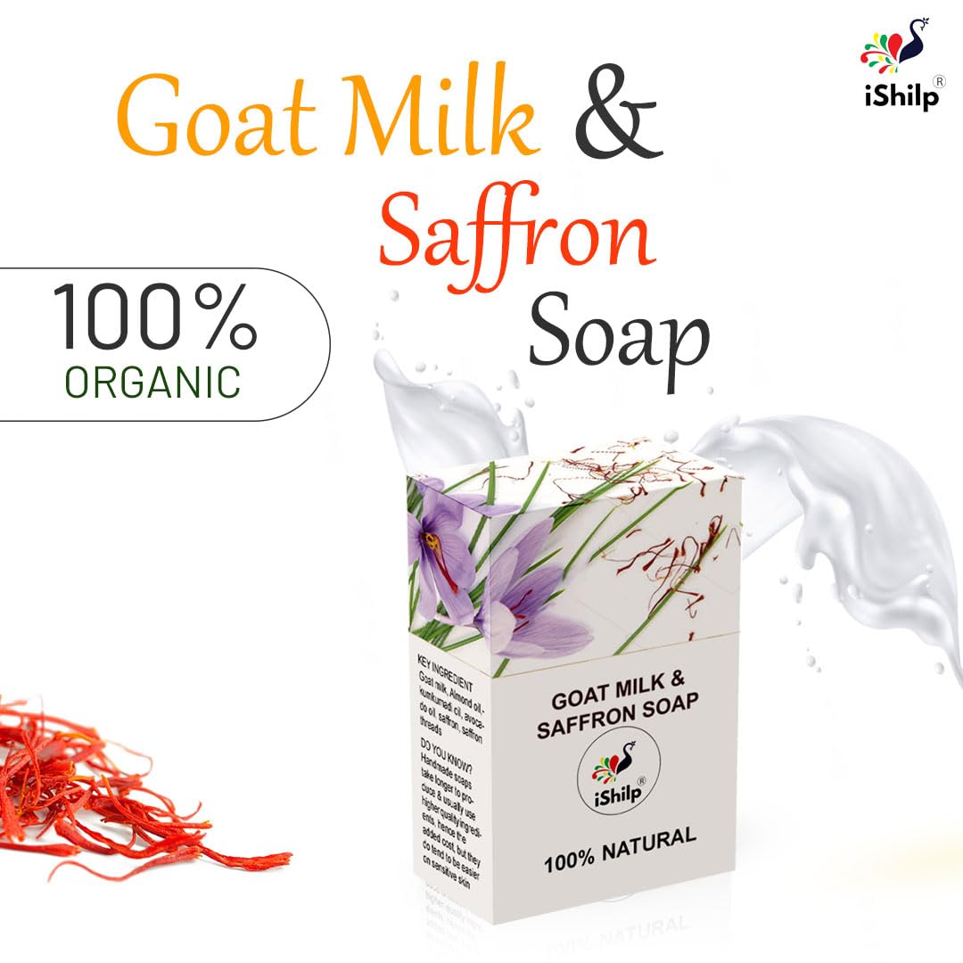 iShilp Goat Milk Soap with Saffron - Pack of 2 | Natural Skin Brightening & Moisturizing Bar Soap for Women & Men | Gentle Body Wash for Dry, Sensitive Skin | Perfect for Daily Bath & Skincare Routine