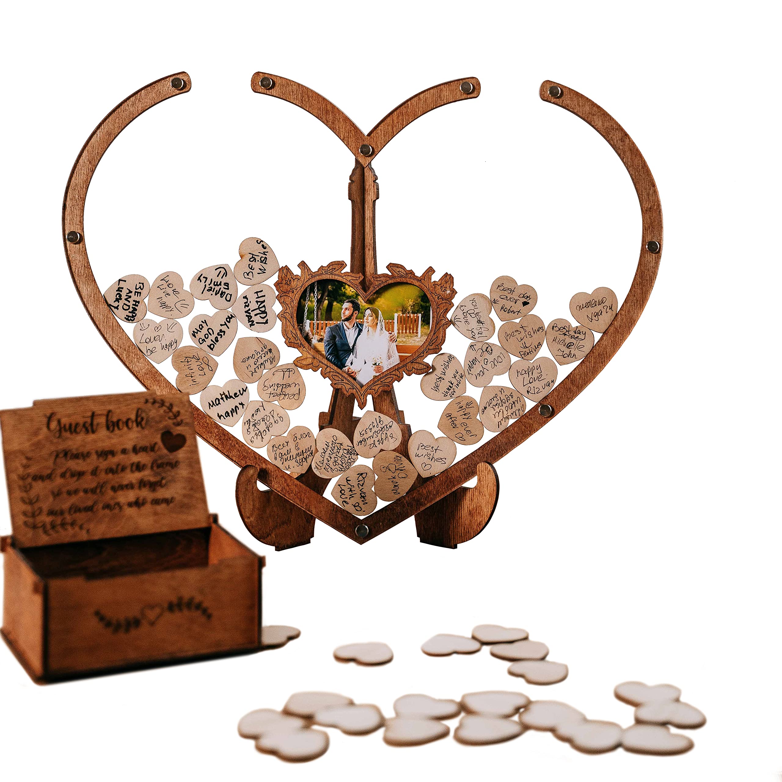 Custom Wooden Wedding Guest Book Alternative with Drop Top Frame & Photo - Rustic Wedding Guest Sign, Heart Wooden Box - 120 Pieces Shadow Box for Wedding, Baby Shower, Anniversary (Oak, 120 Hearts) - Perfect for Rustic Weddings, Bridal Showers & Keepsake Memory Boxes