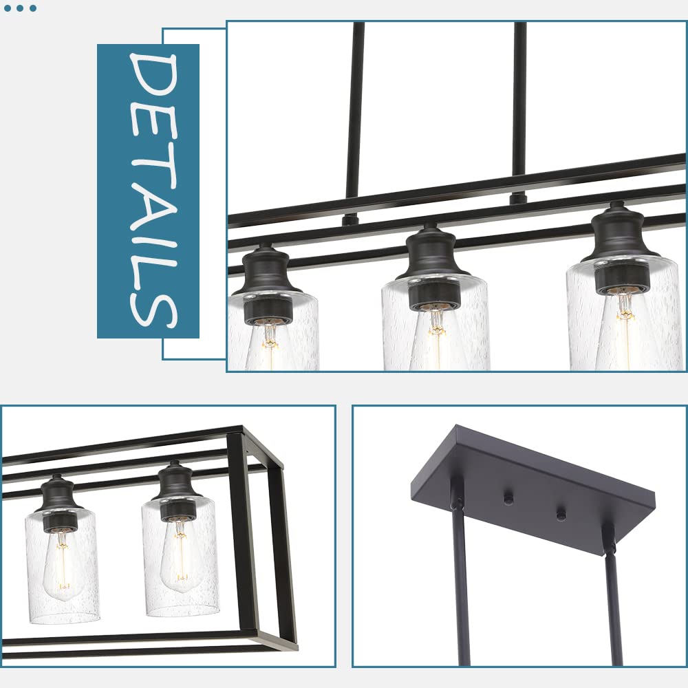 5-Lights Modern Linear Chandelier - Black Industrial Kitchen Island Lighting with Seeded Glass for Dining Room, Farmhouse Ceiling Pendant Lights Over Table | Perfect for Kitchen Islands, Dining Areas, and Open Concept Spaces
