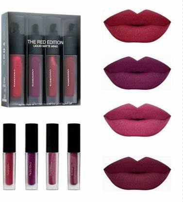 KAARM Liquid Matte Minis Lipstick Set - Red Edition (6ml) with 3-in-1 Eyeliner, Mascara & Eyebrow Pencil Combo - Pack of 7 - Perfect for Party Makeup, Date Night & Special Occasions