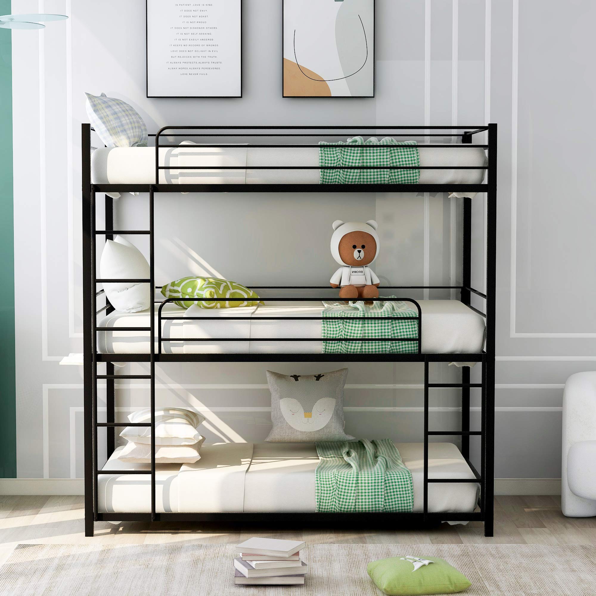 Metal Triple Bunk Beds - Twin Over Twin Over Twin Bunk Bed Frame with Safety Guardrails & Built-in Ladder for Kids & Teens (Black) - Space-Saving Solution for Kids' Bedrooms, Dormitories & Vacation Homes