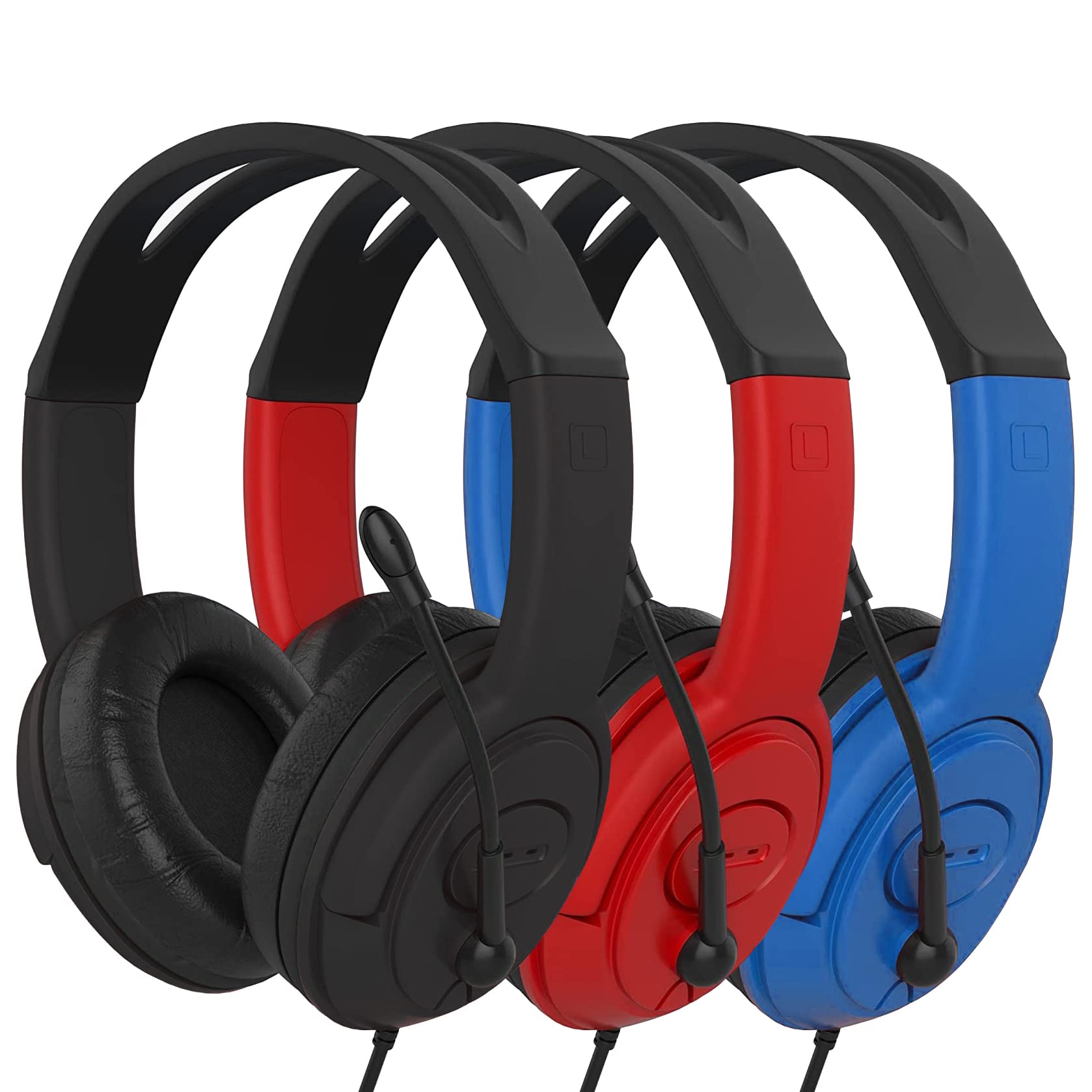Maeline Bulk Headphones with Microphone - Stereo Over-Ear Wired Headset with Boom Mic for Students, Online Learning, Classroom (K-12 & College), Library, Airplane Travel & Recording - 3.5mm Jack - 3 Pack - Perfect for Distance Education, Virtual Classes & Noise Isolation